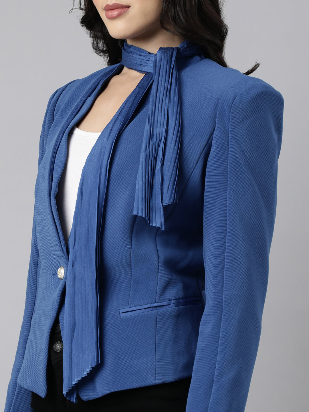 Women Blue Single-Breasted Blazer Comes Attached Scarf