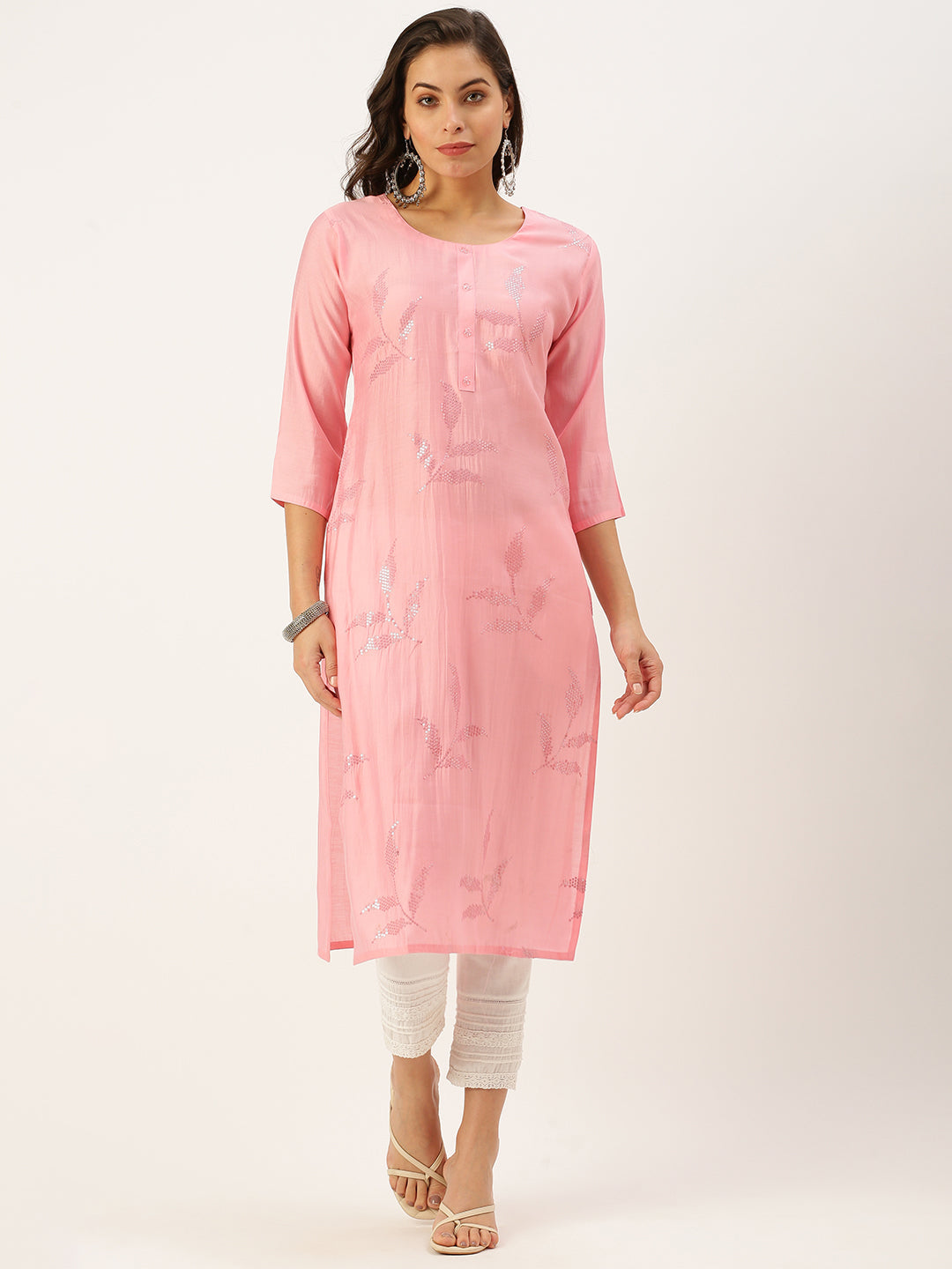 Women's Pink Embroidered Straight Kurtas