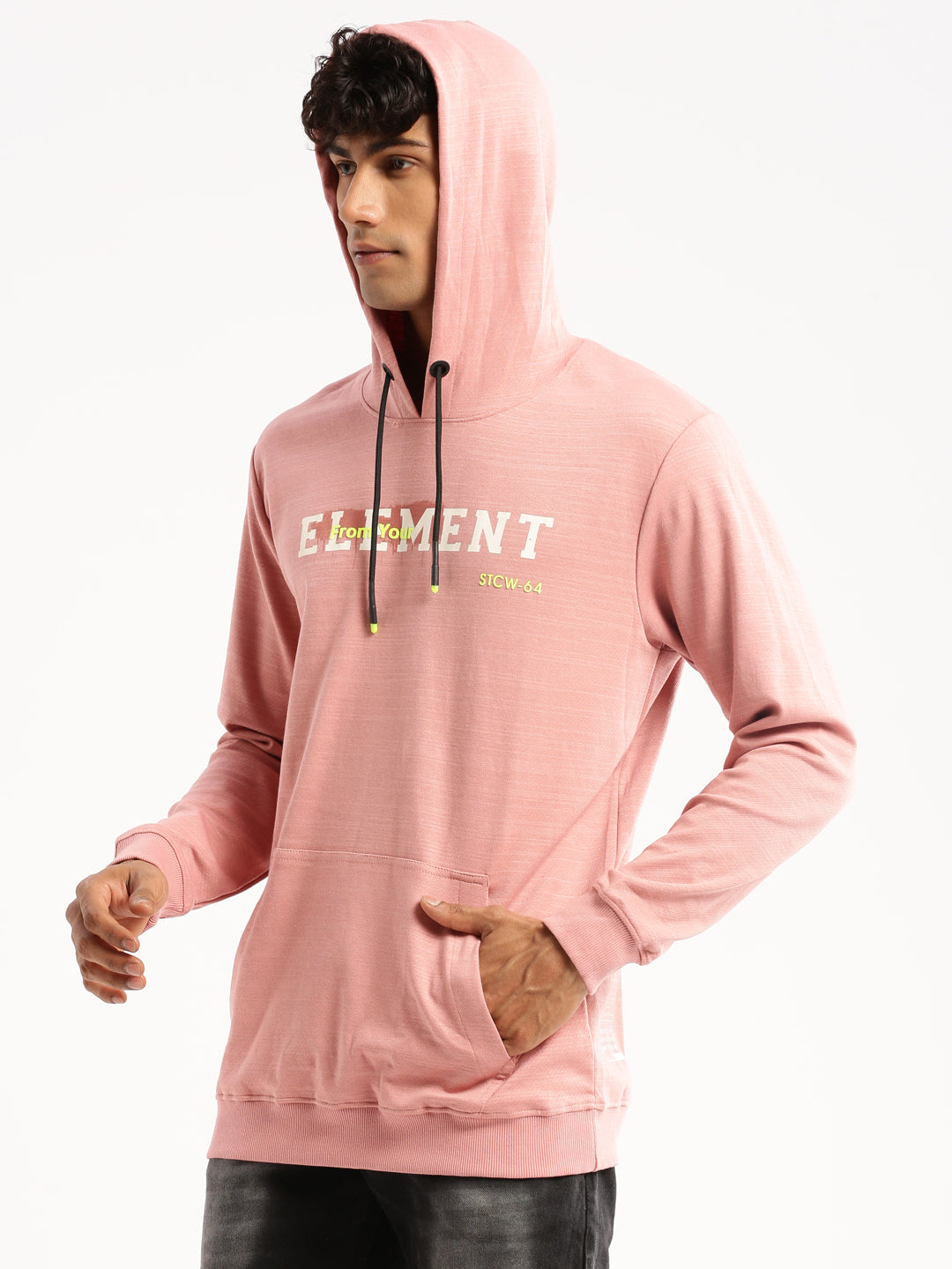 Men Peach Hooded Typography Pullover