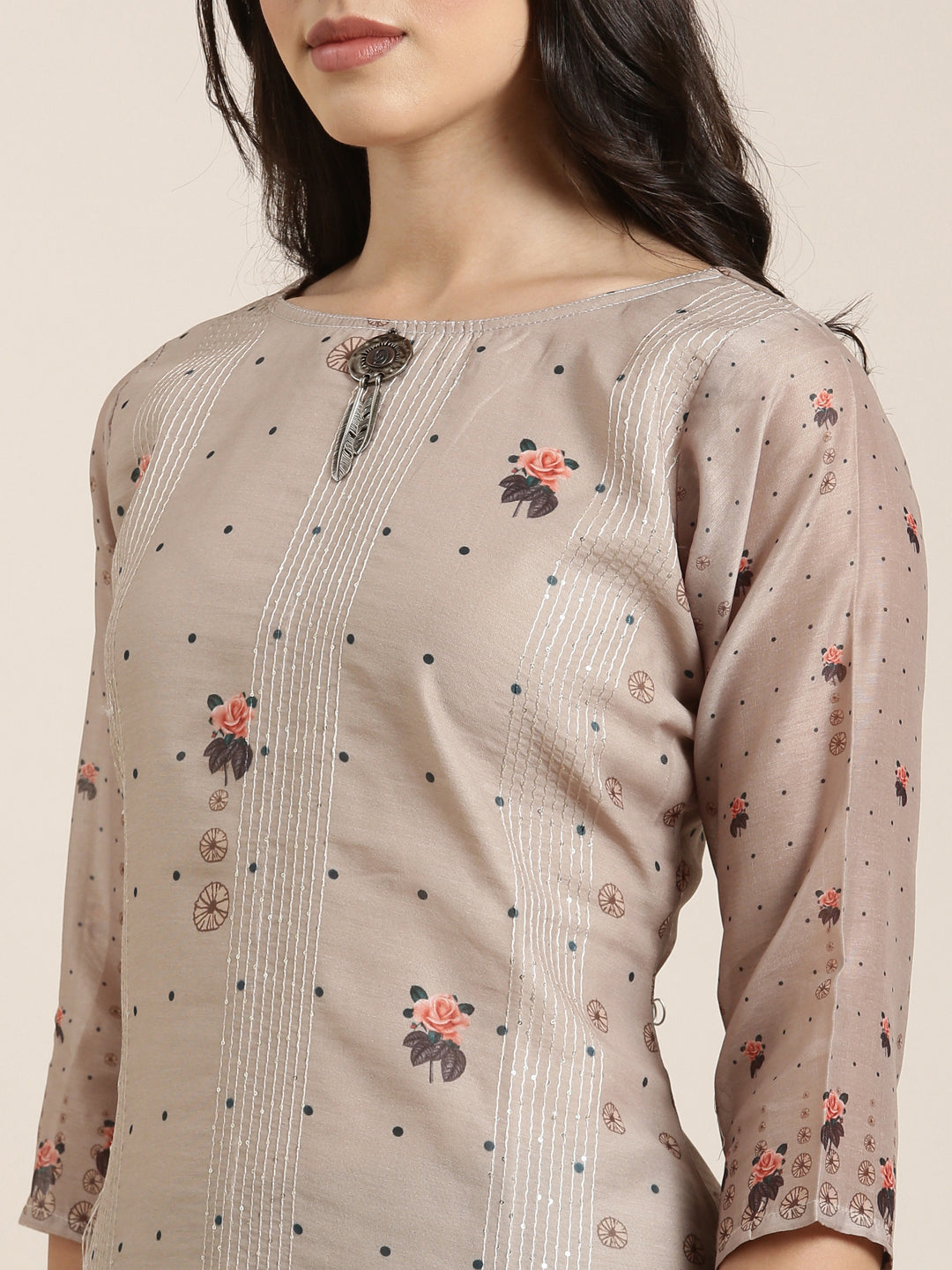 Women Straight Olive Floral Kurta and Trousers Set Comes With Dupatta
