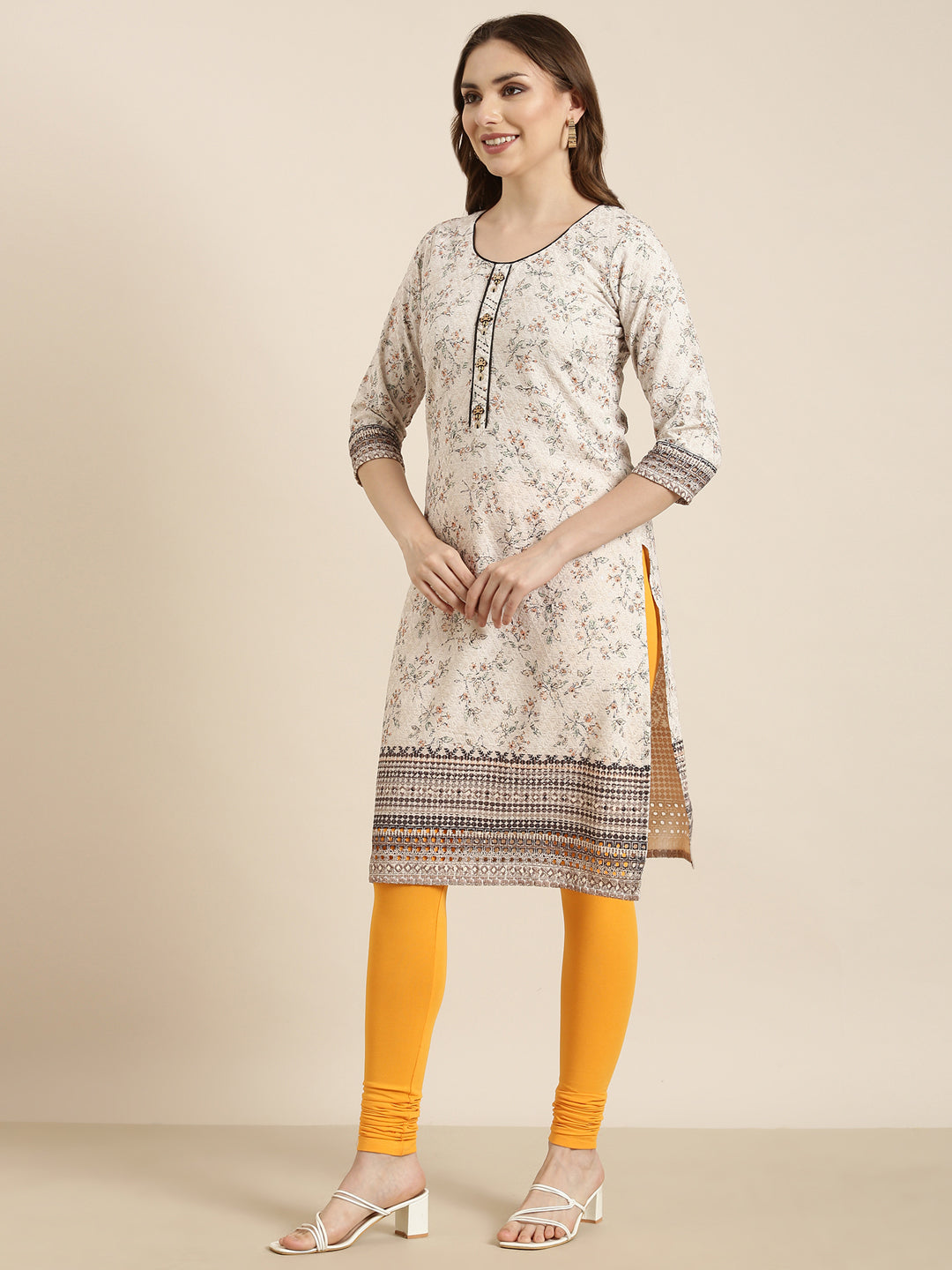 Women Straight Beige Floral Kurta