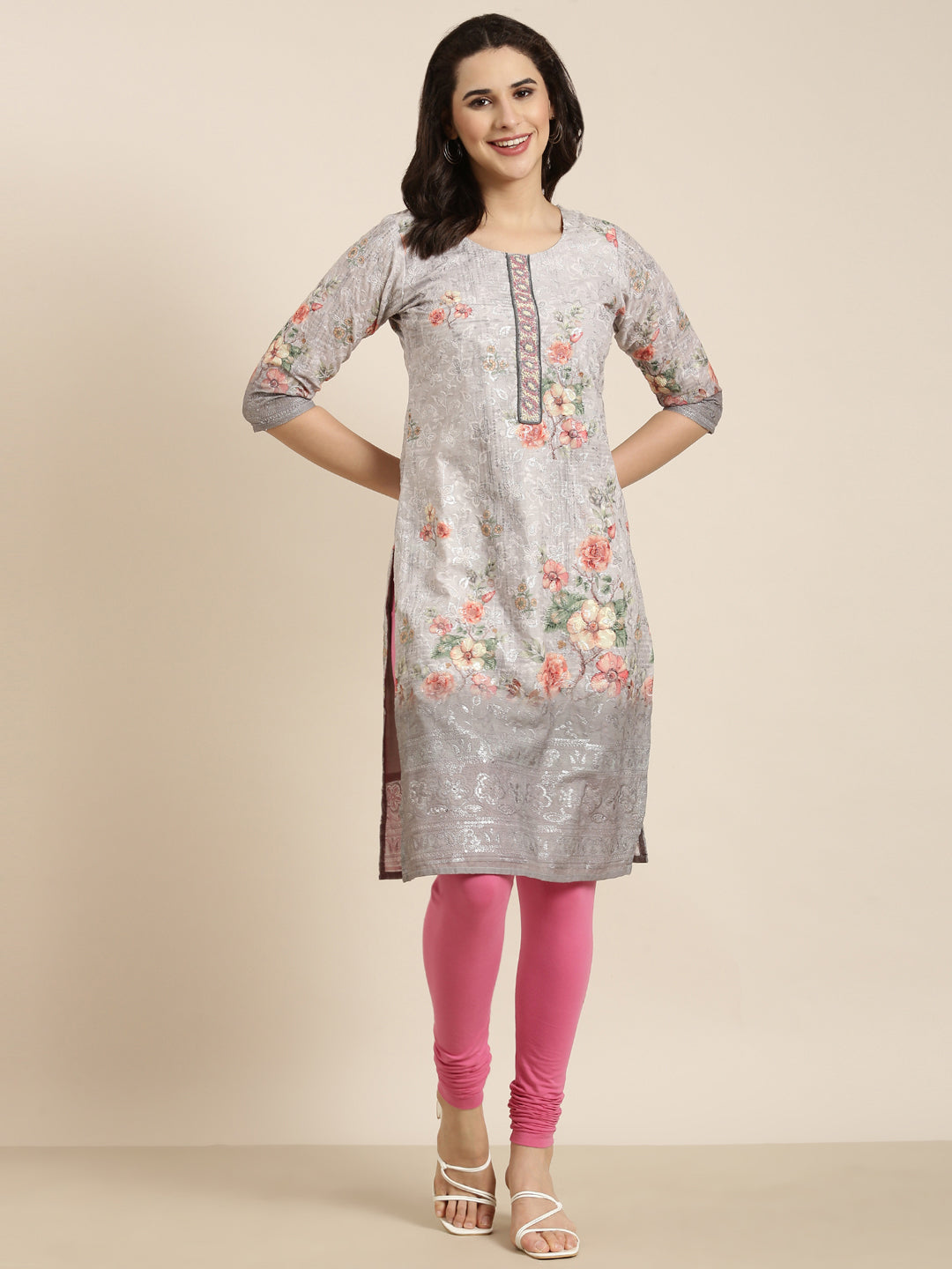 Women Straight Grey Floral Kurta