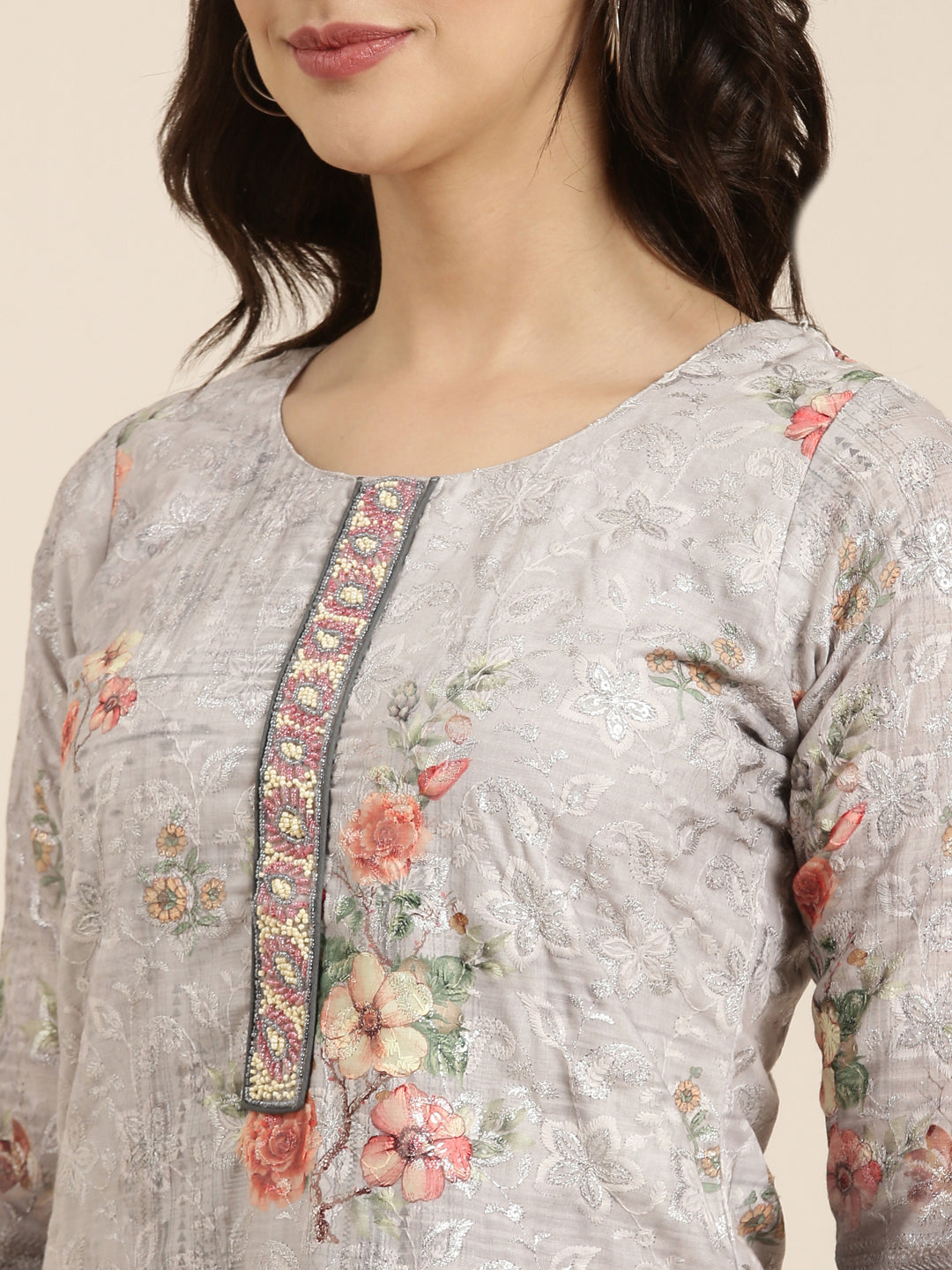 Women Straight Grey Floral Kurta