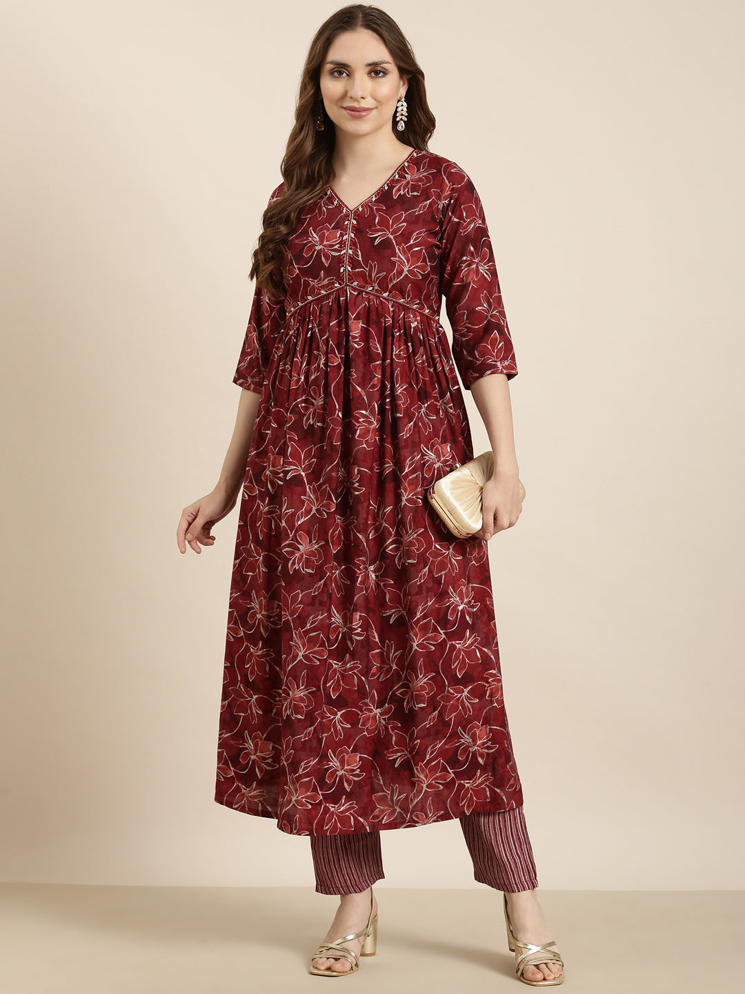 Women Anarkali Maroon Floral Kurta and Trousers Set