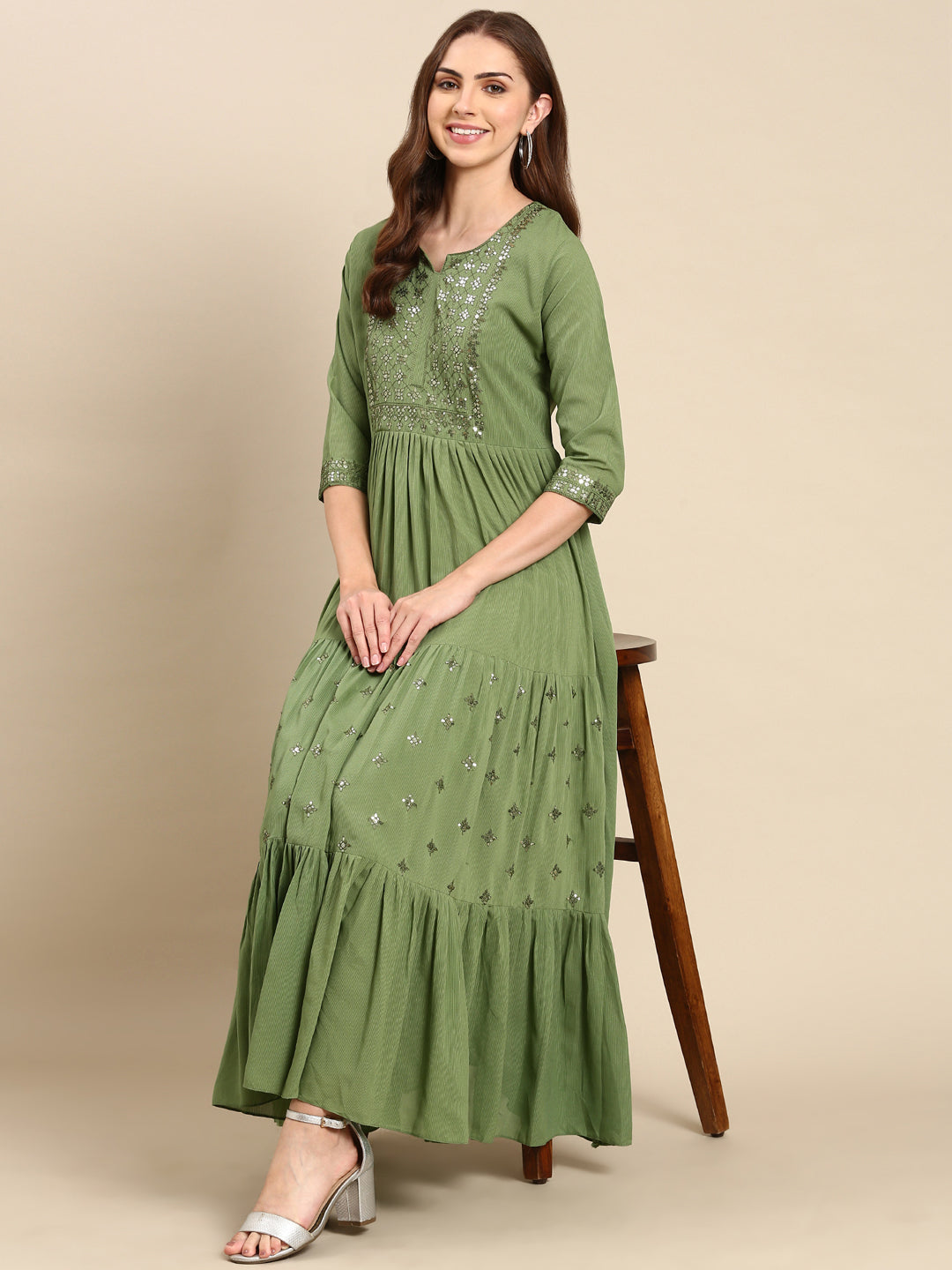 Women's Green Embellished Anarkali Kurta