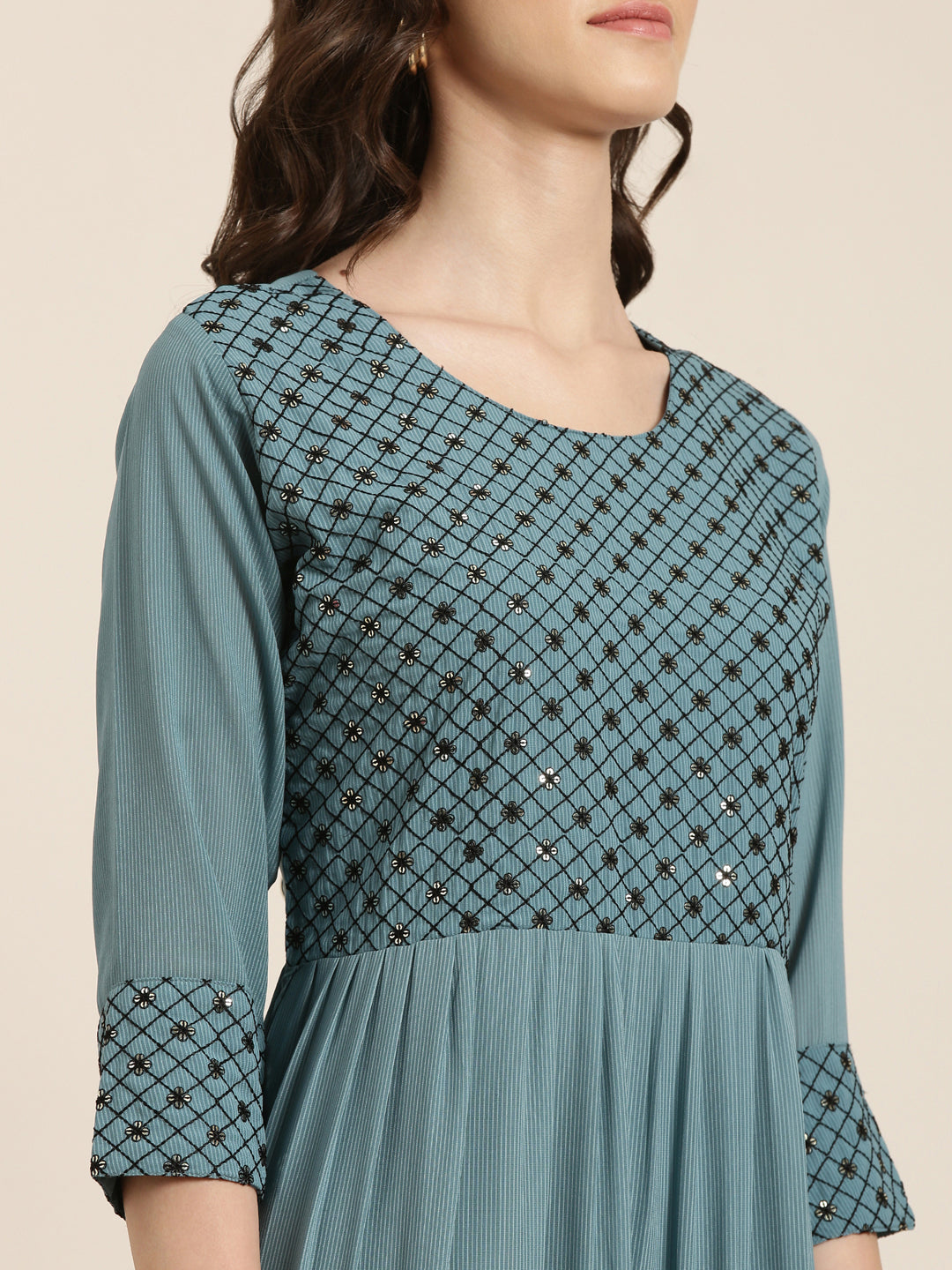 Women Teal Embellished Fit and Flare Dress