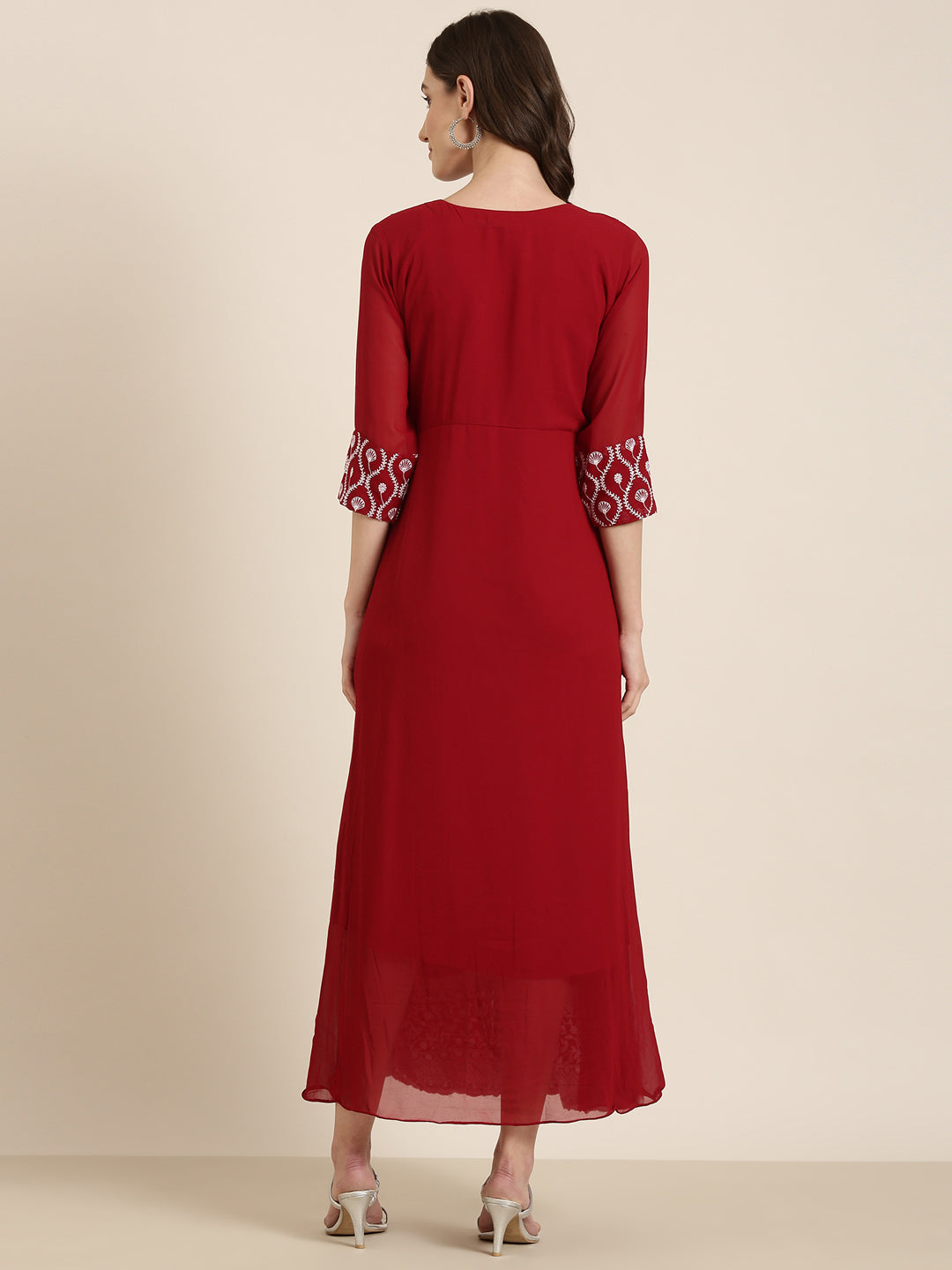 Women Maroon Embellished Fit and Flare Dress