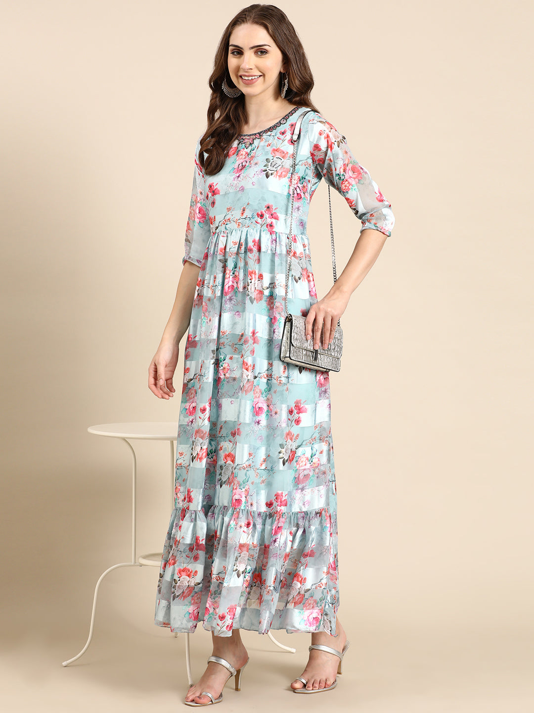 Women's Sea Green Printed Maxi Dress