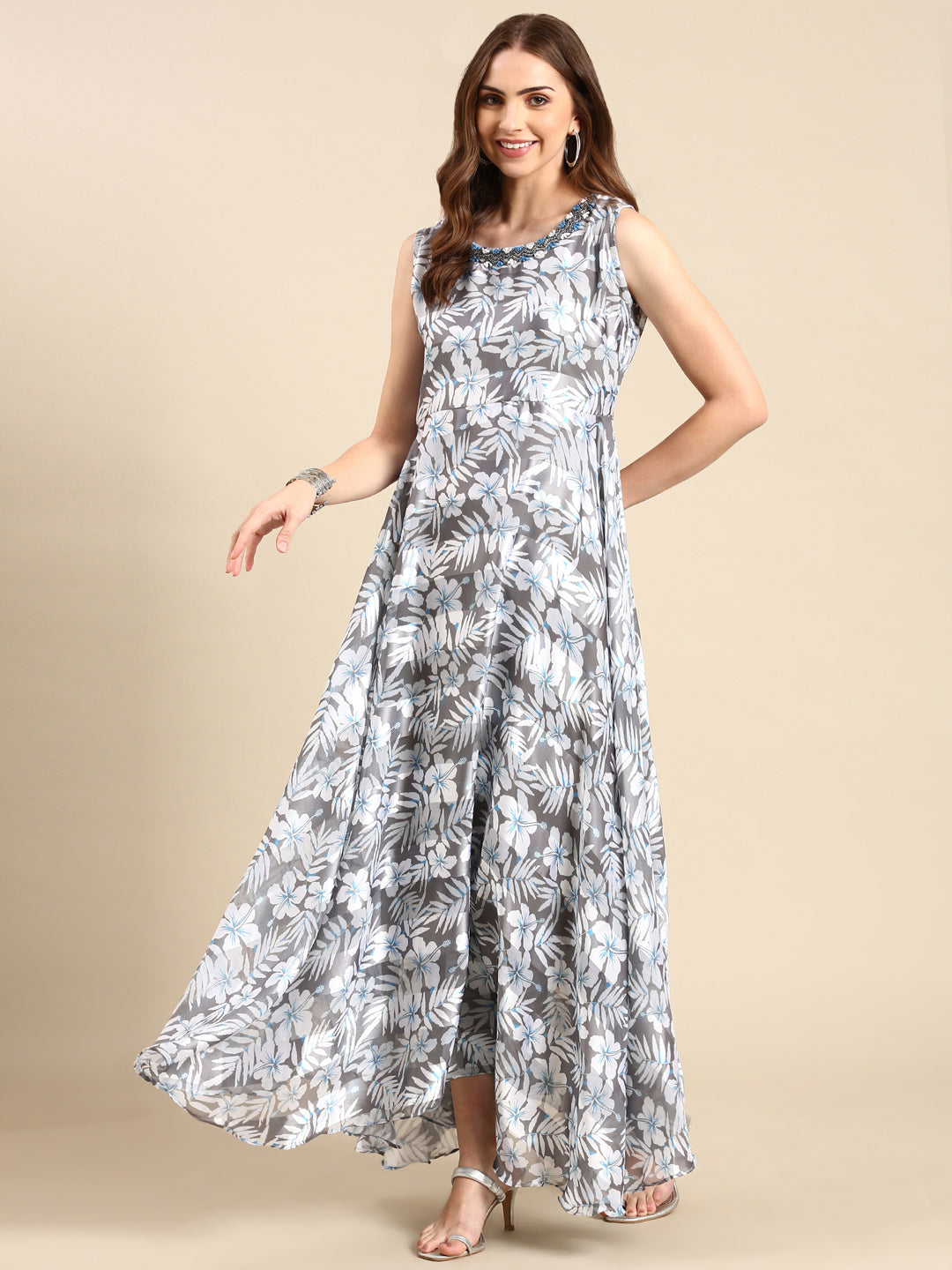 Women's Grey Printed Maxi Dress