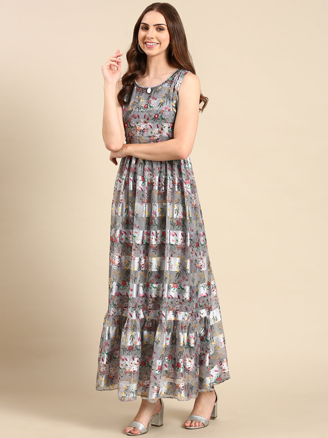 Women's Grey Printed Maxi Dress