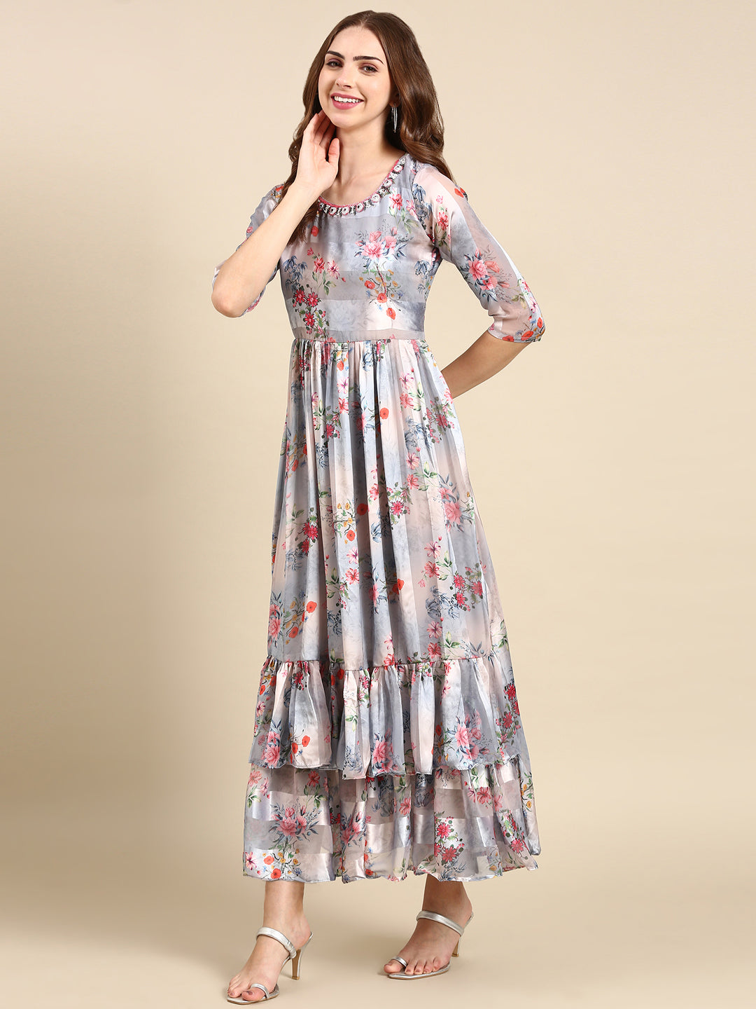 Women's Grey Printed Maxi Dress