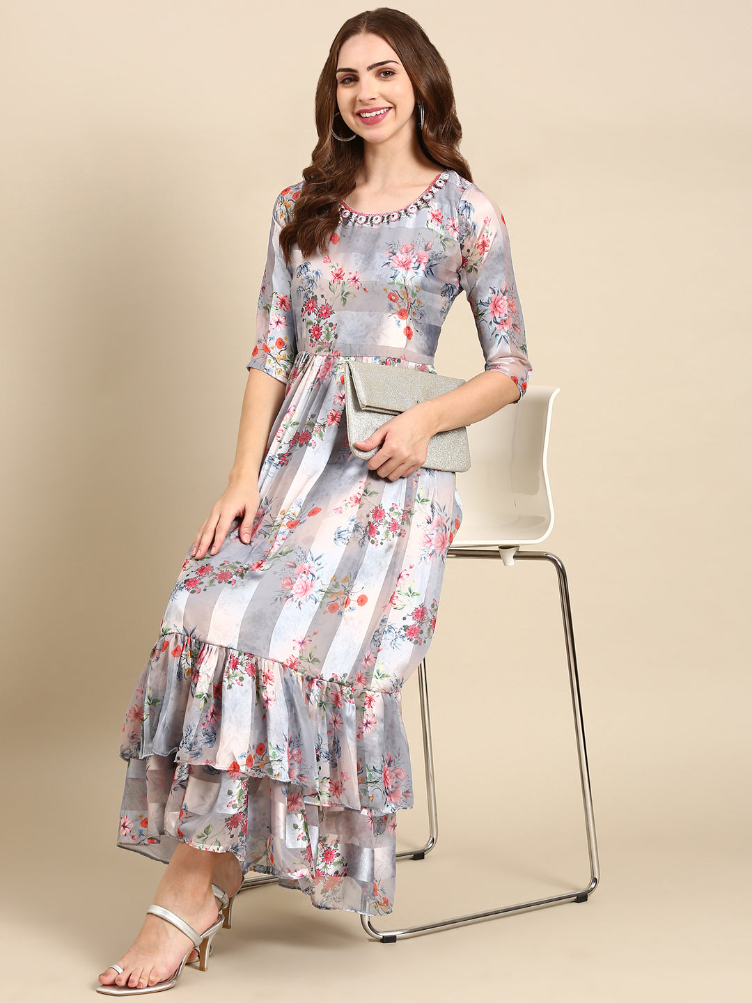 Women's Grey Printed Maxi Dress
