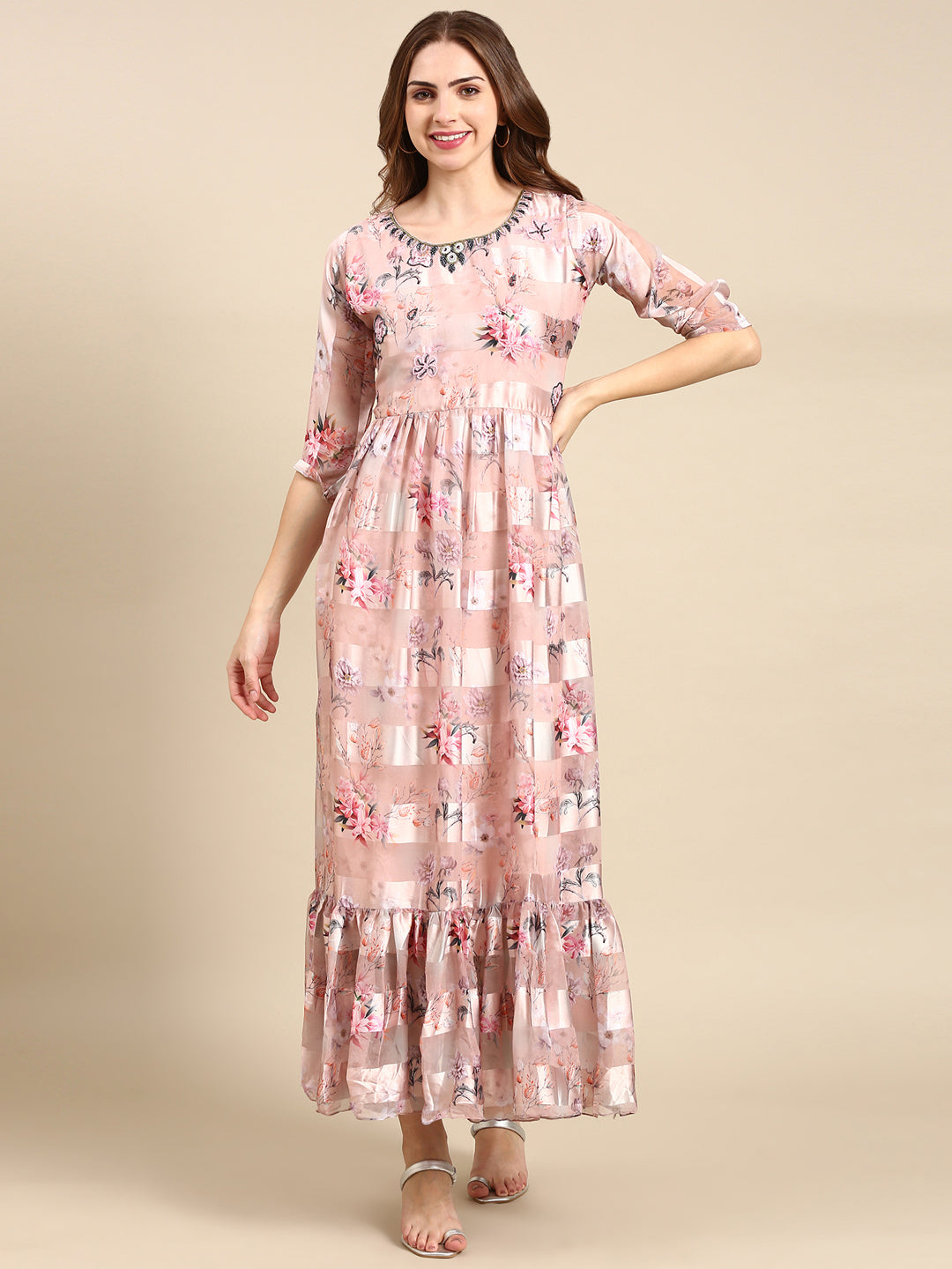 Women's Peach Printed Maxi Dress