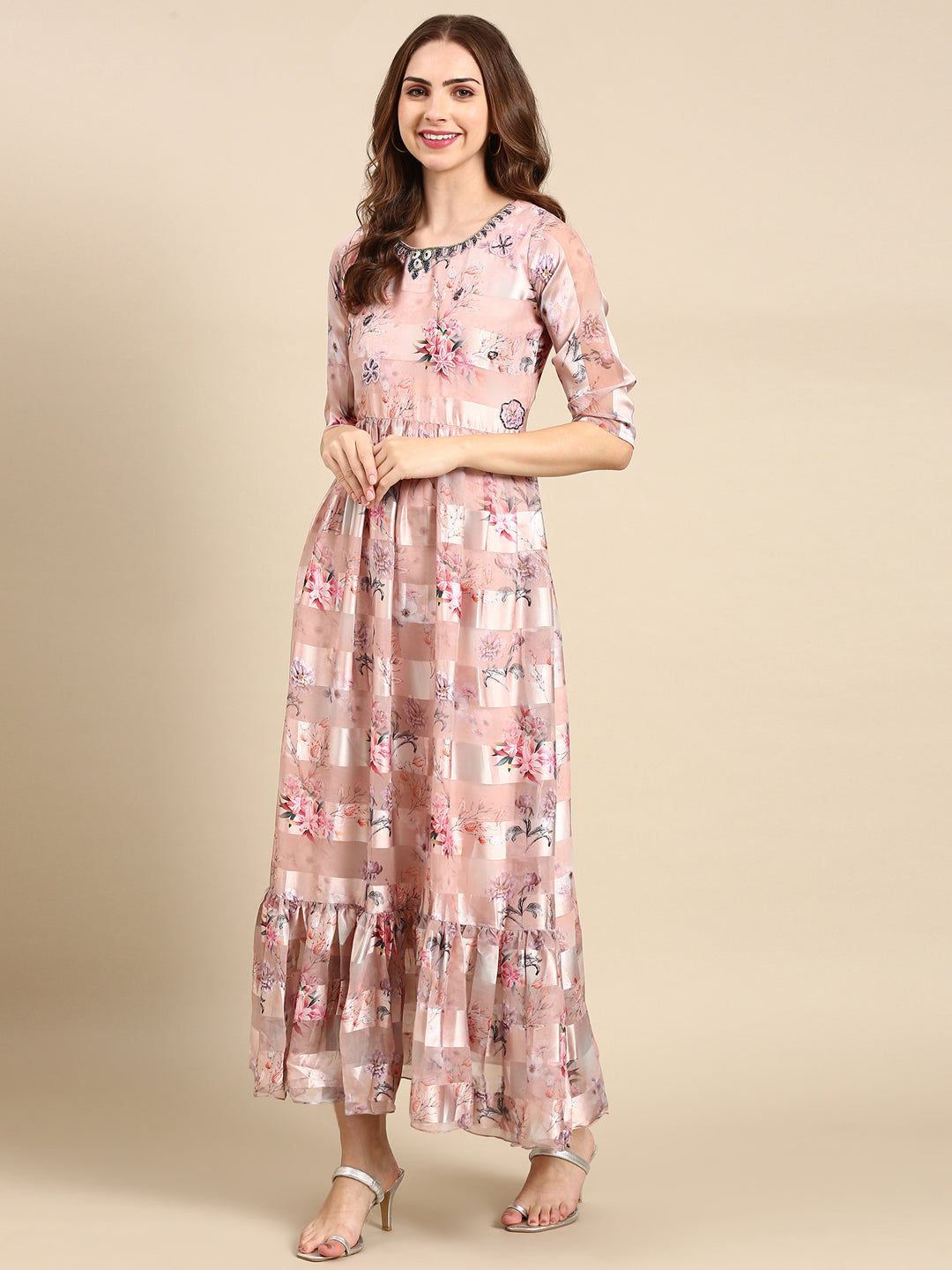 Women's Peach Printed Maxi Dress