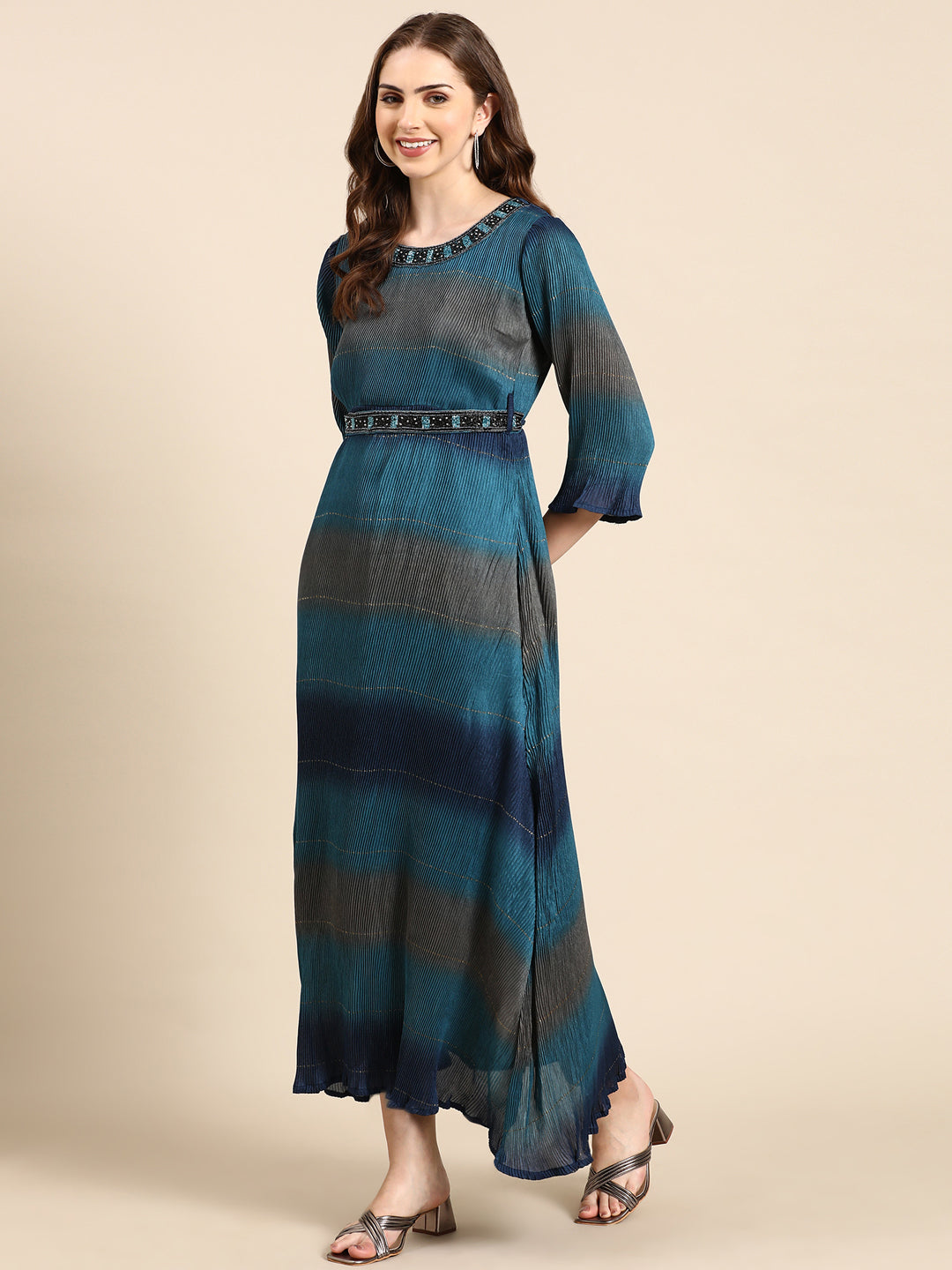 Women's Teal Colourblock A-Line Dress