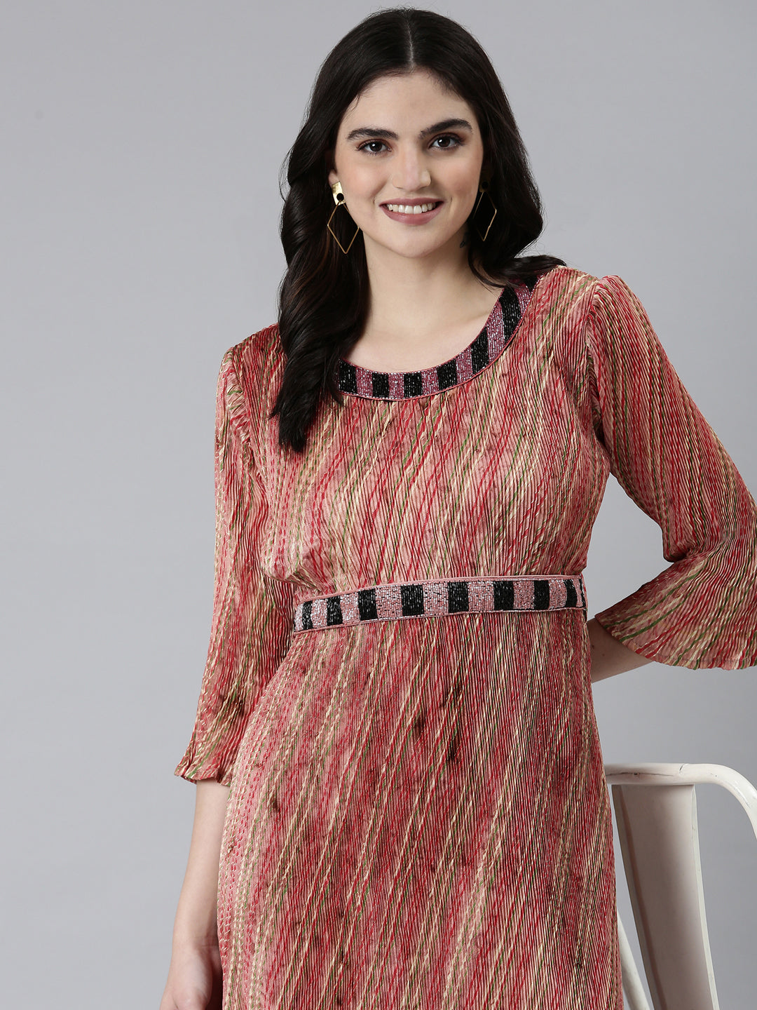 Women Peach Striped Fit and Flare Dress
