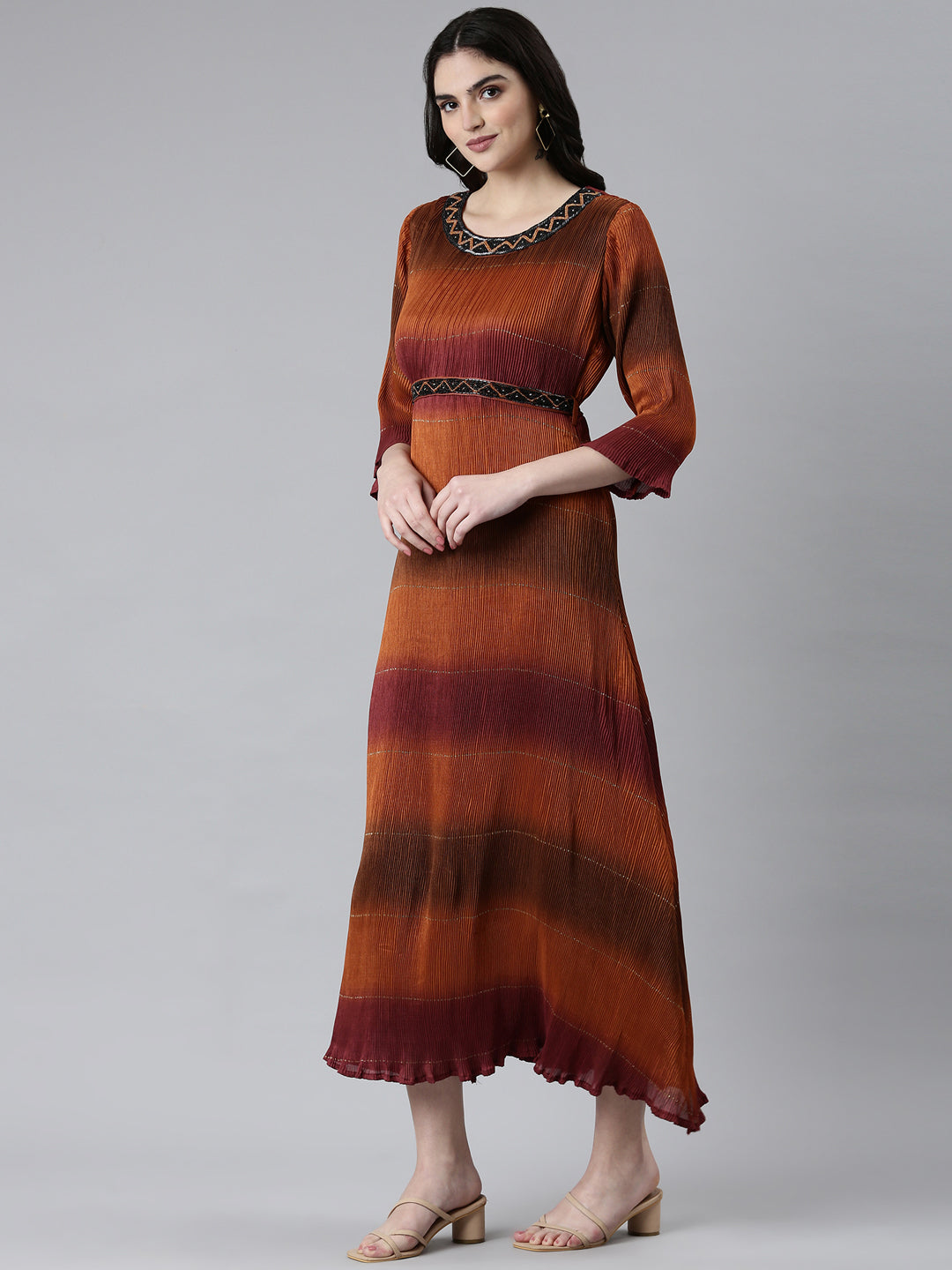 Women Camel Brown Colourblock Fit and Flare Dress