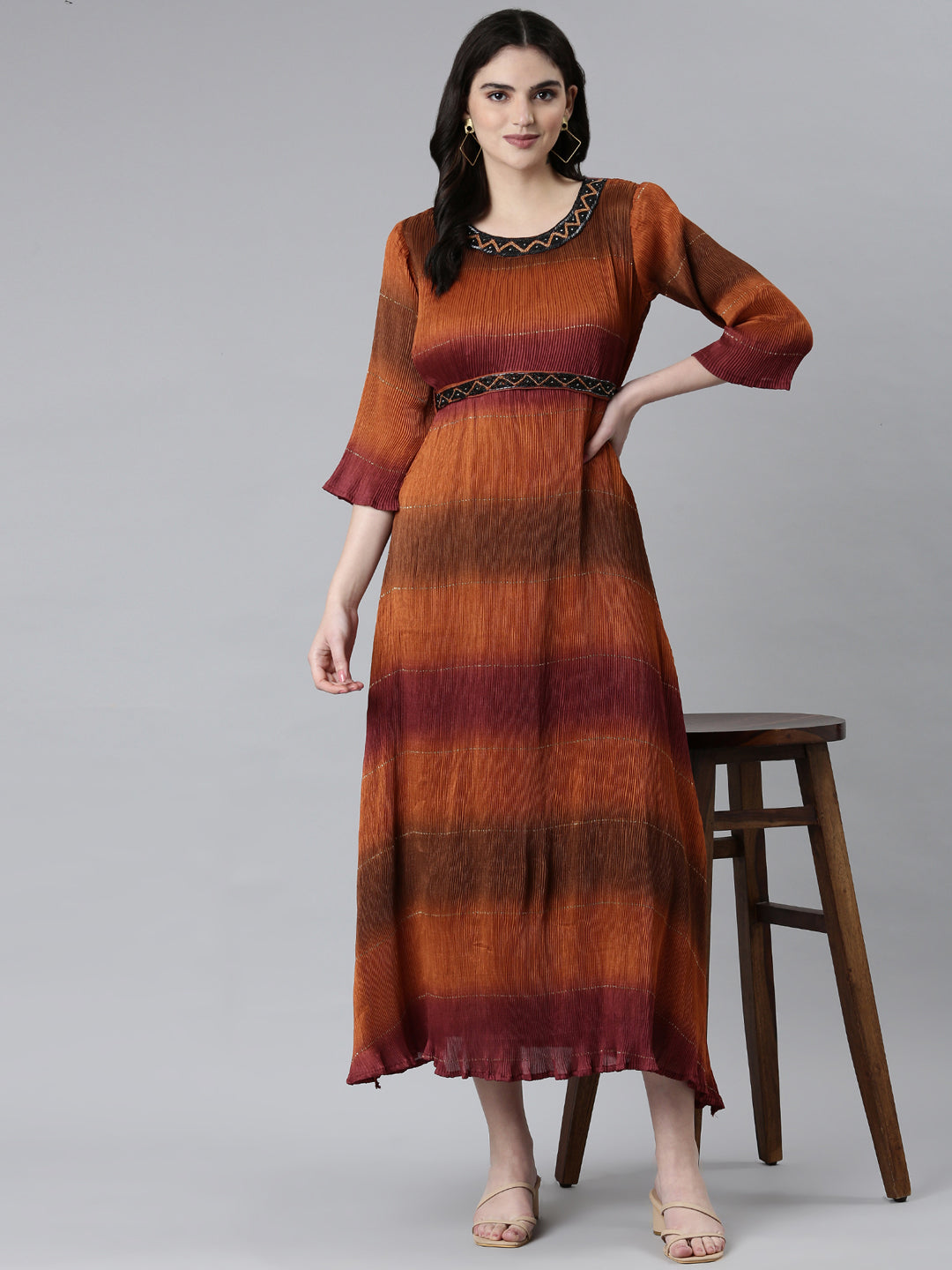 Women Camel Brown Colourblock Fit and Flare Dress