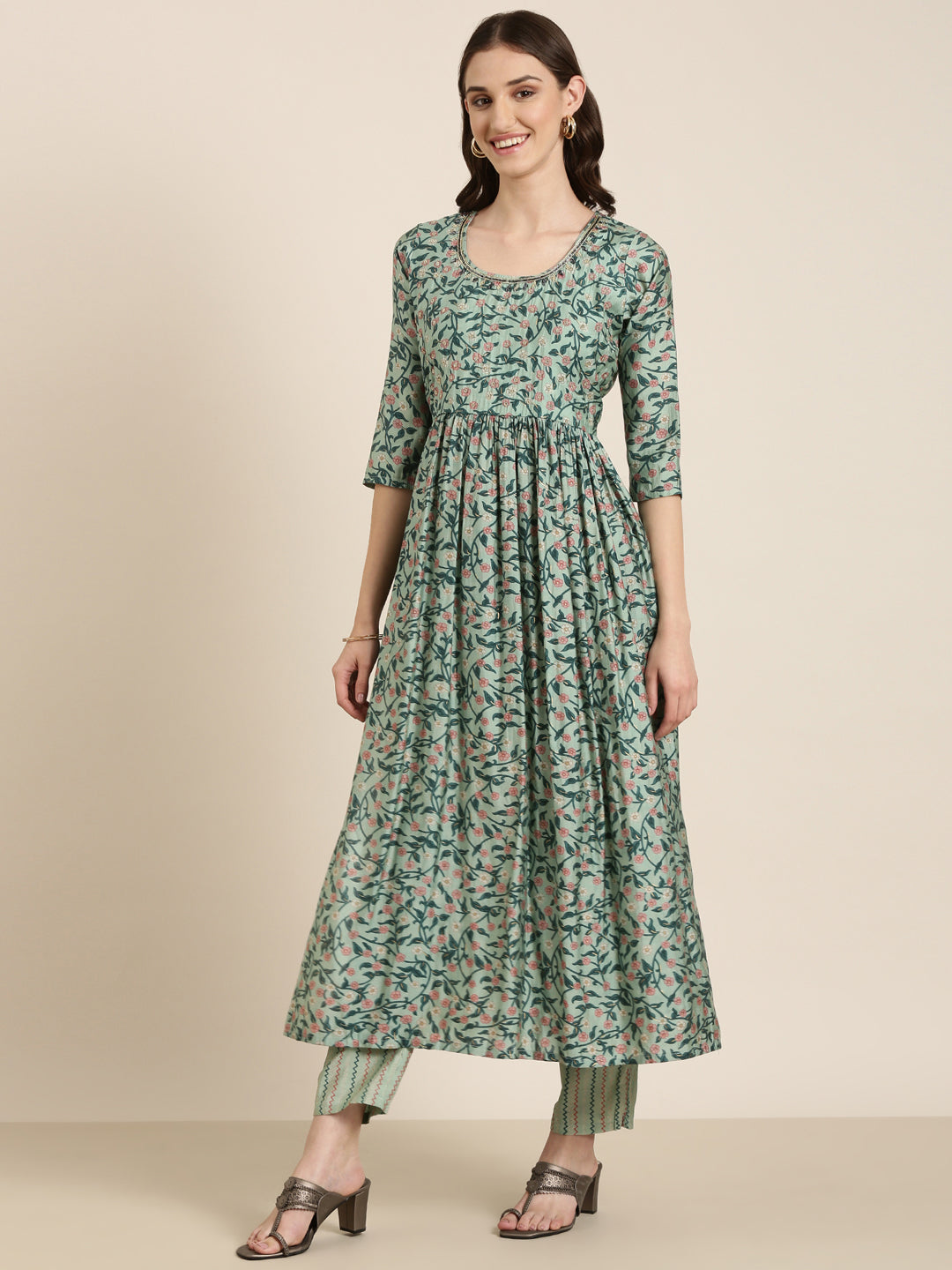 Women Sea Green Floral Kurta Set