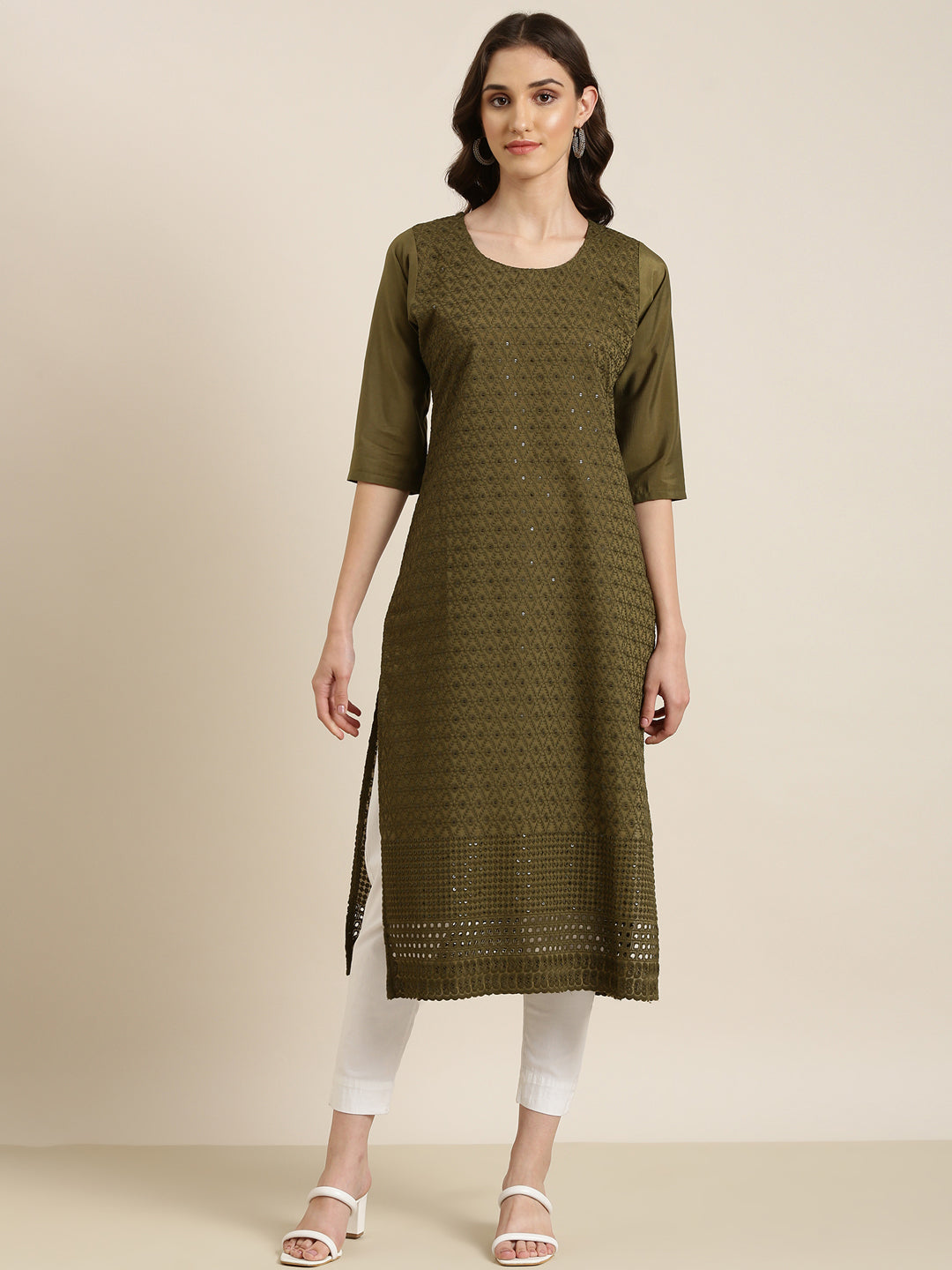 Women Olive Embellished Straight Kurta