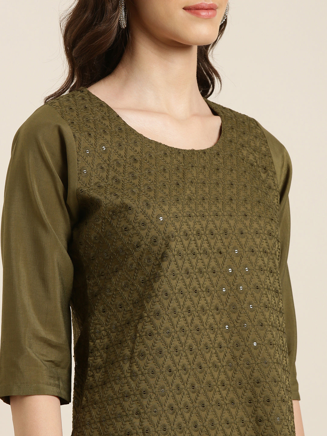 Women Olive Embellished Straight Kurta