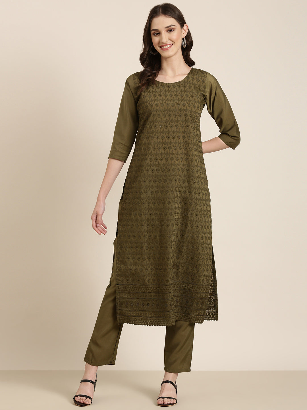 Women Olive Textured Kurta Set