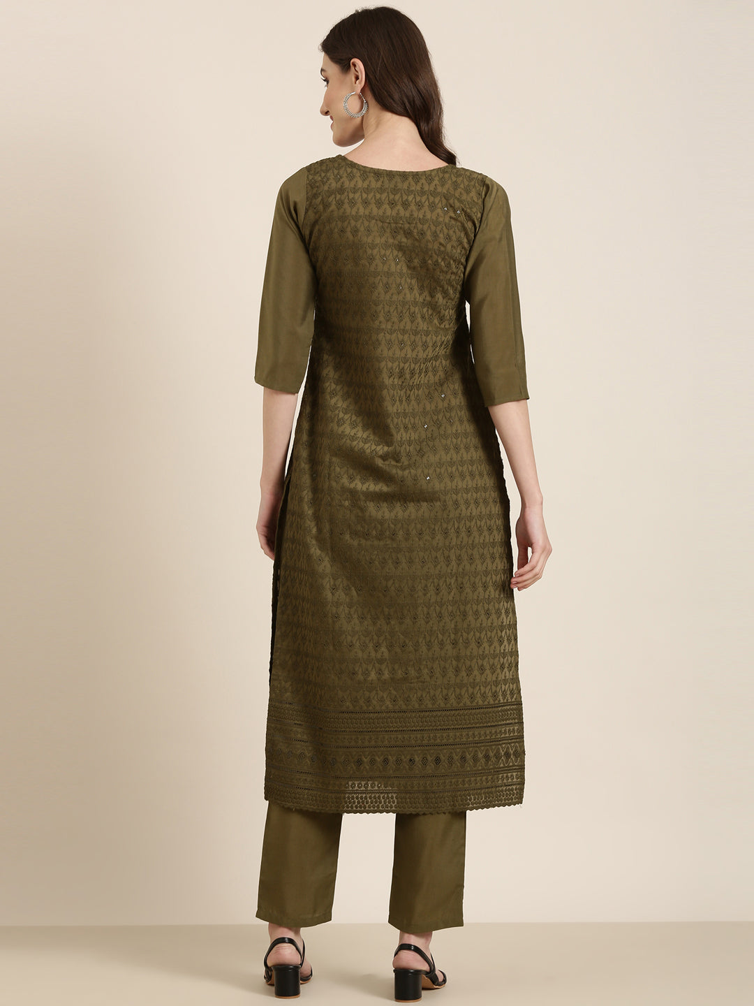 Women Olive Textured Kurta Set