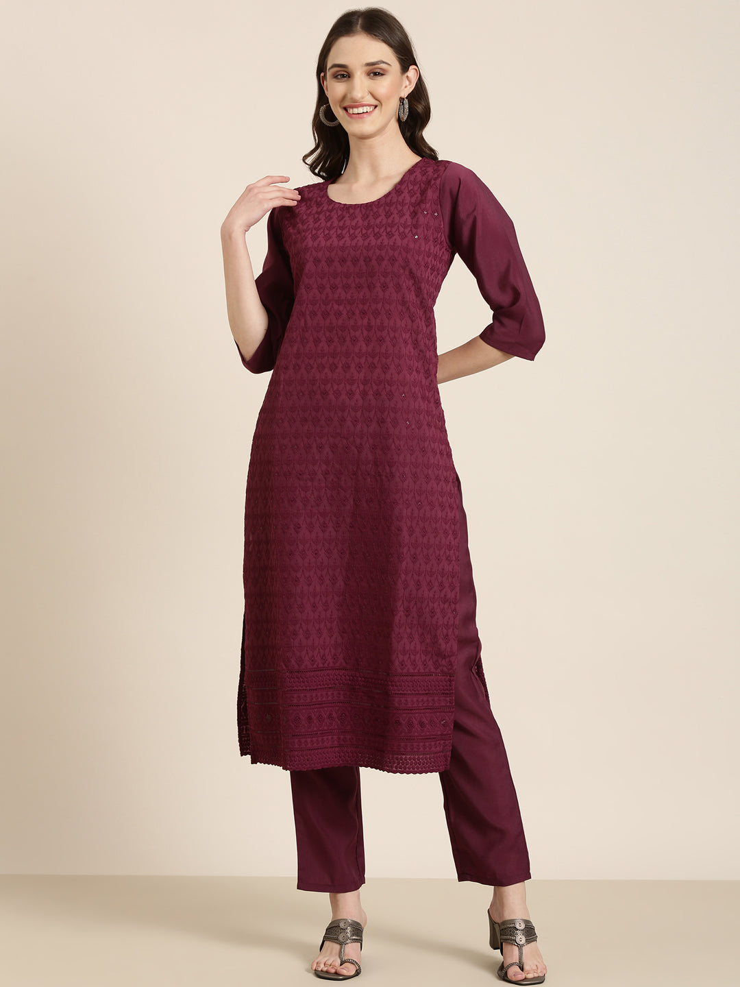 Women Violet Textured Kurta Set