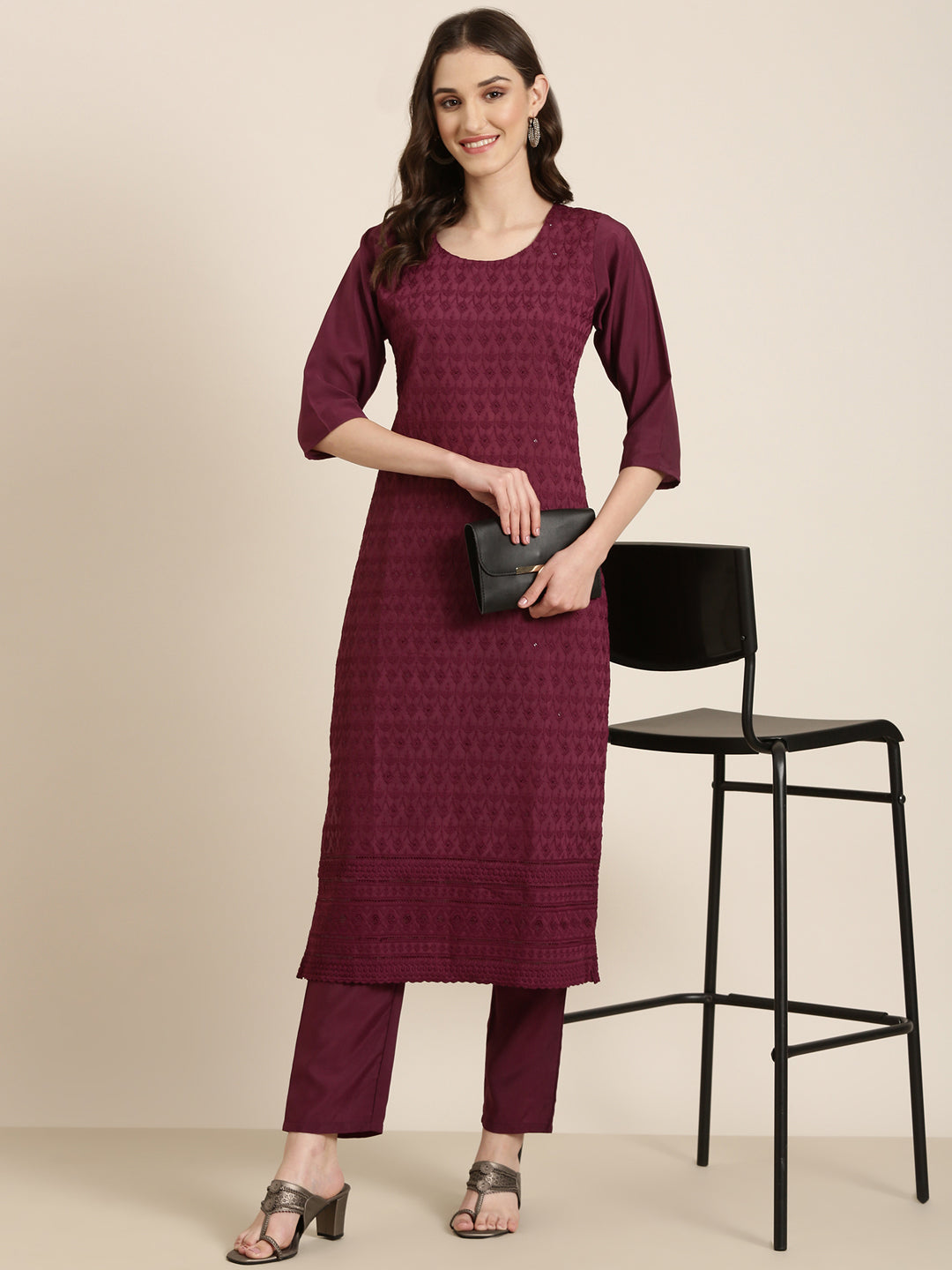 Women Violet Textured Kurta Set