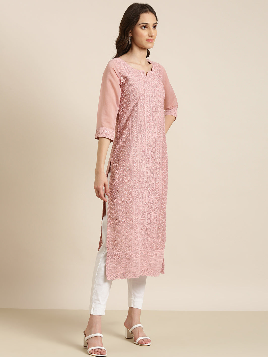 Women Pink Embellished Straight Kurta