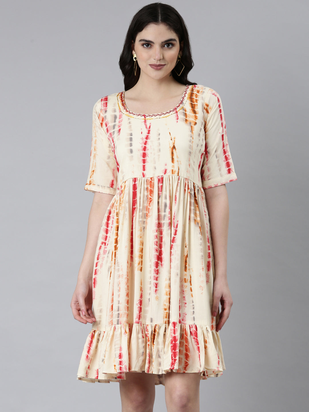 Women Cream Tie Dye Fit and Flare Dress