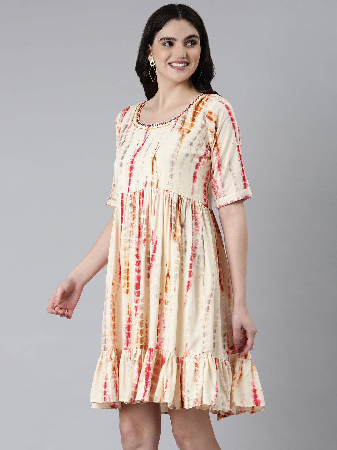 Women Cream Tie Dye Fit and Flare Dress