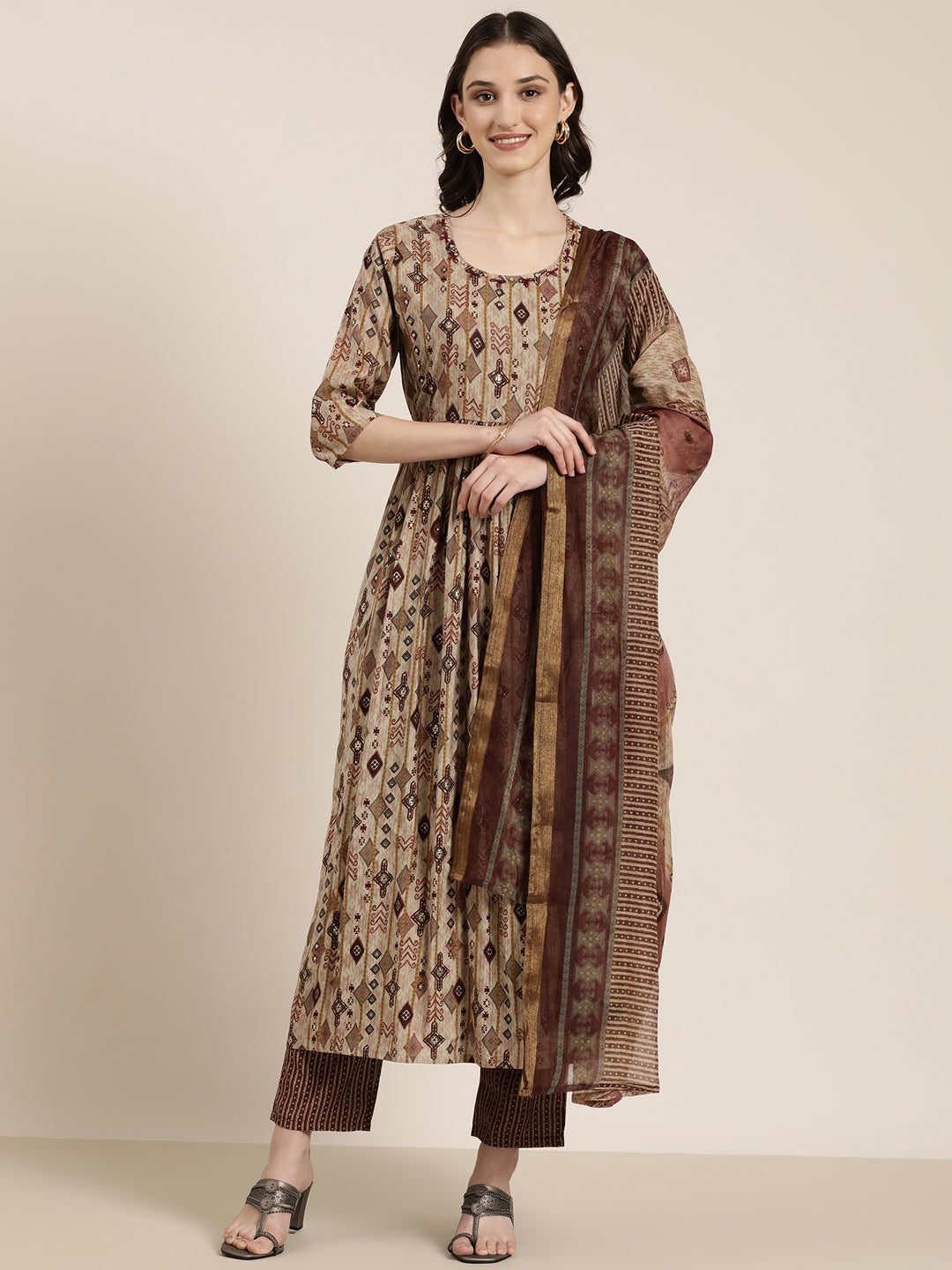 Women Taupe Printed Kurta Set