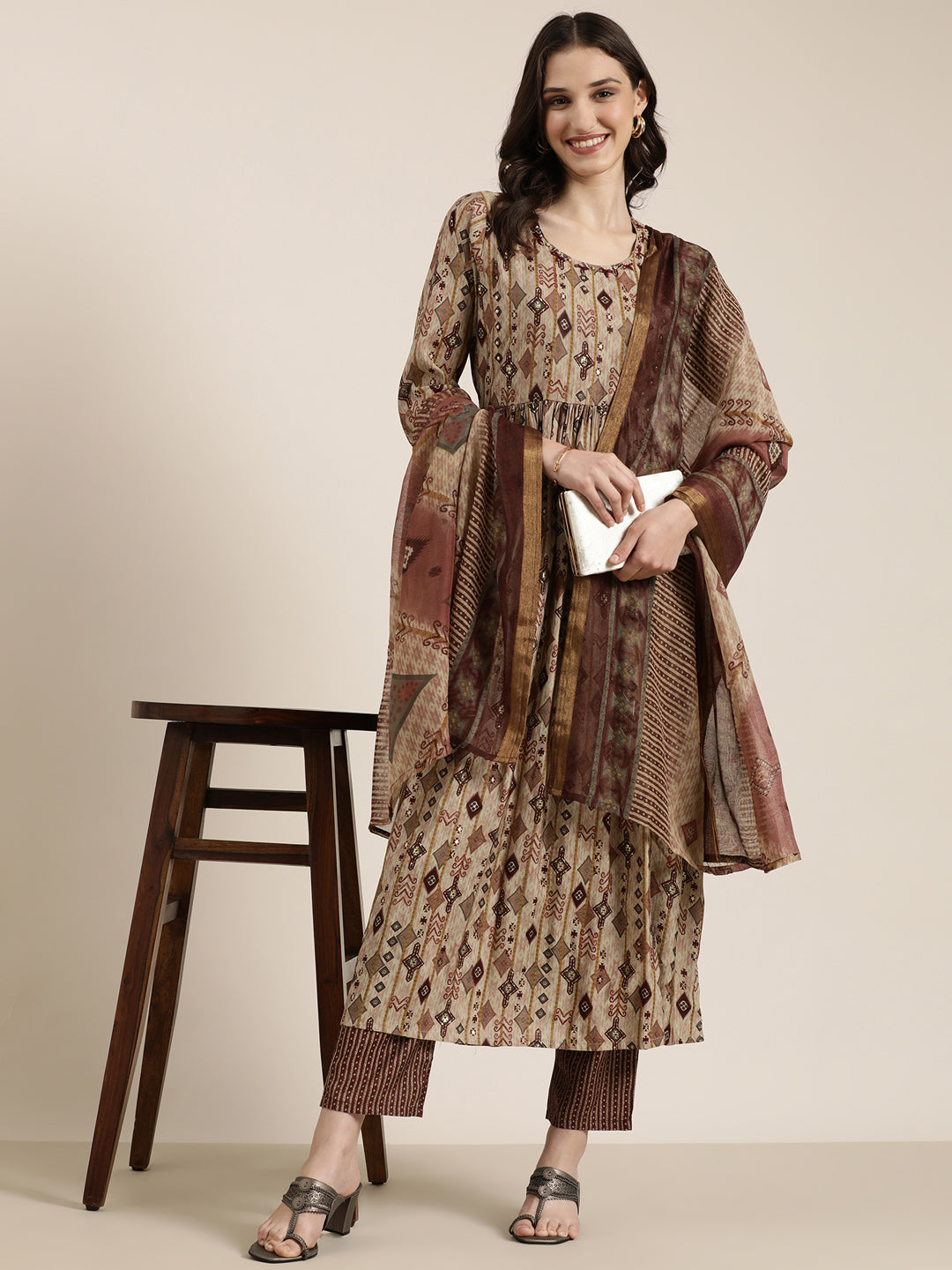 Women Taupe Printed Kurta Set