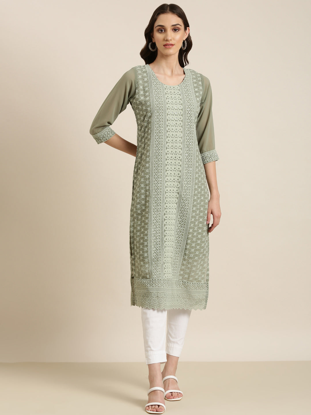 Women Olive Embellished Straight Kurta