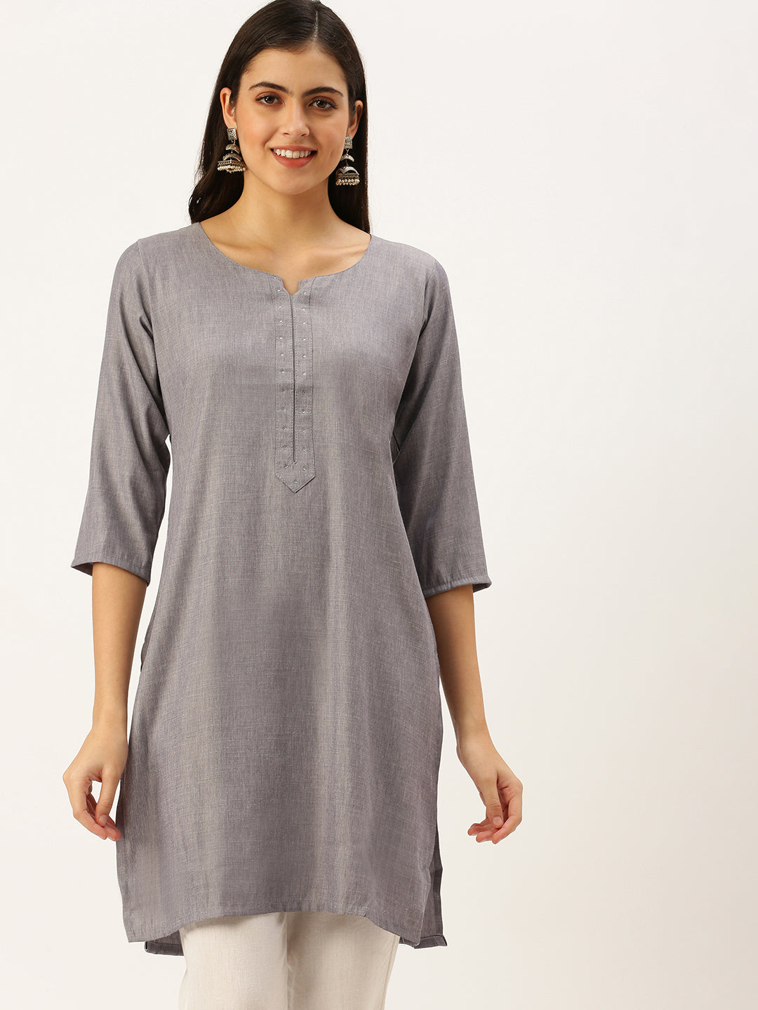 Women's Grey Embellished Straight Kurtas