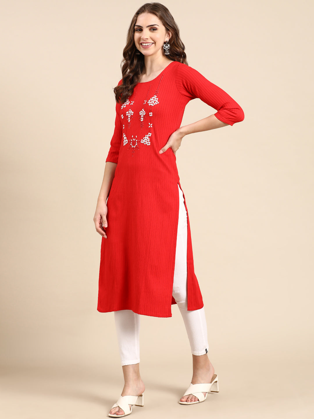 Women's Red Embellished Straight Kurta