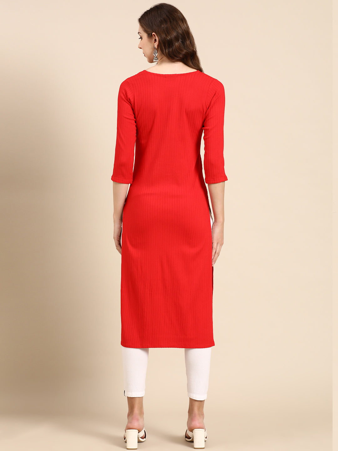 Women's Red Embellished Straight Kurta