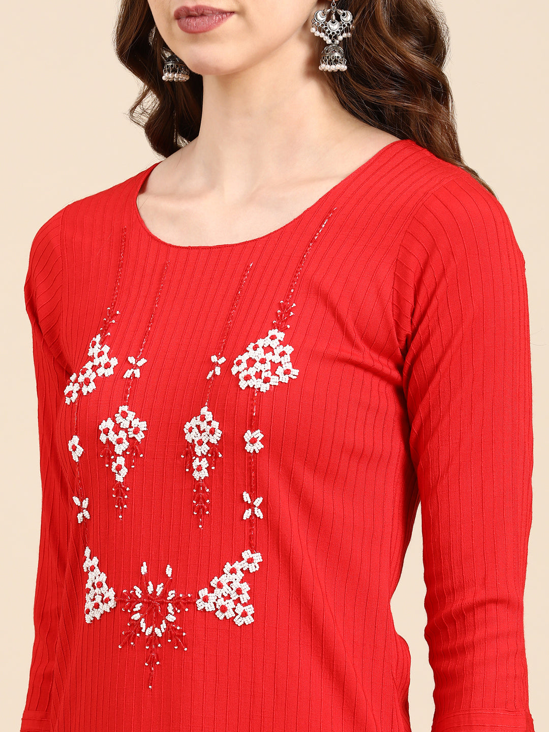 Women's Red Embellished Straight Kurta