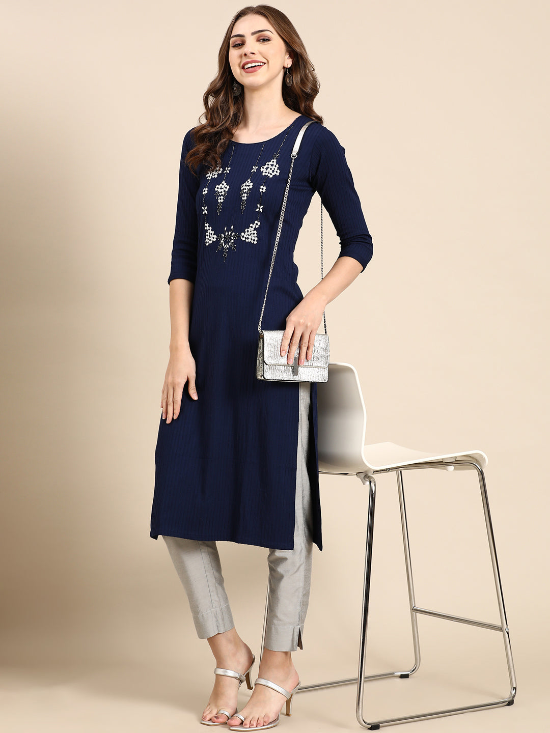 Women's Navy Blue Embellished Straight Kurta