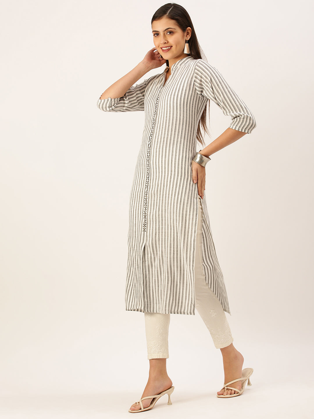 Women's Grey Striped Straight Kurta