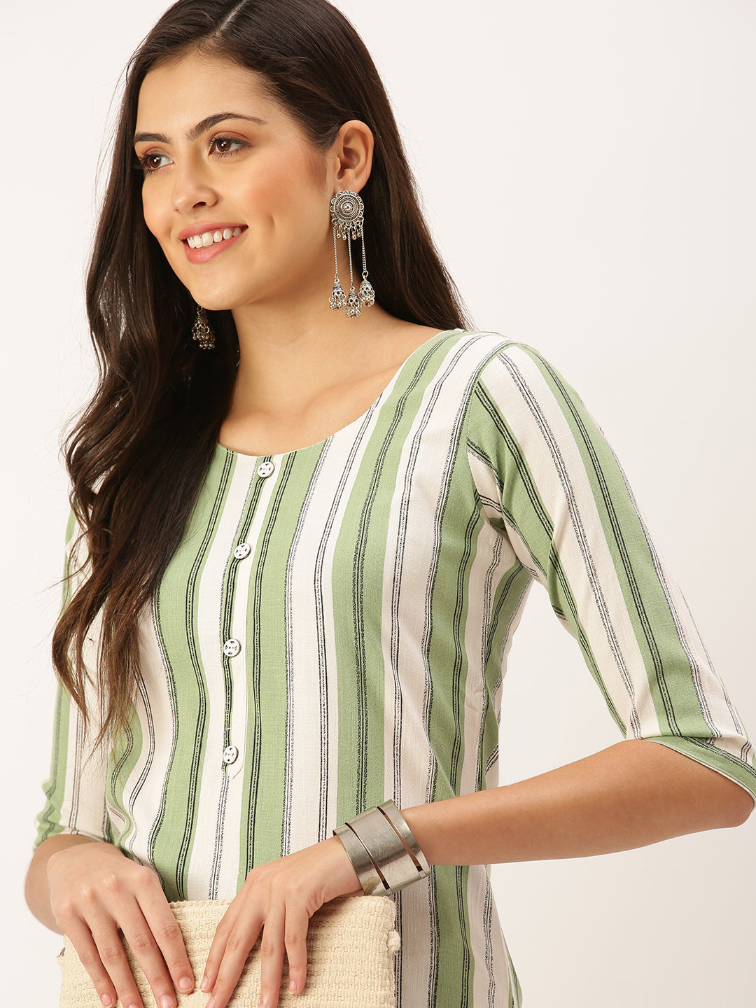 Women's Green Striped Straight Kurta