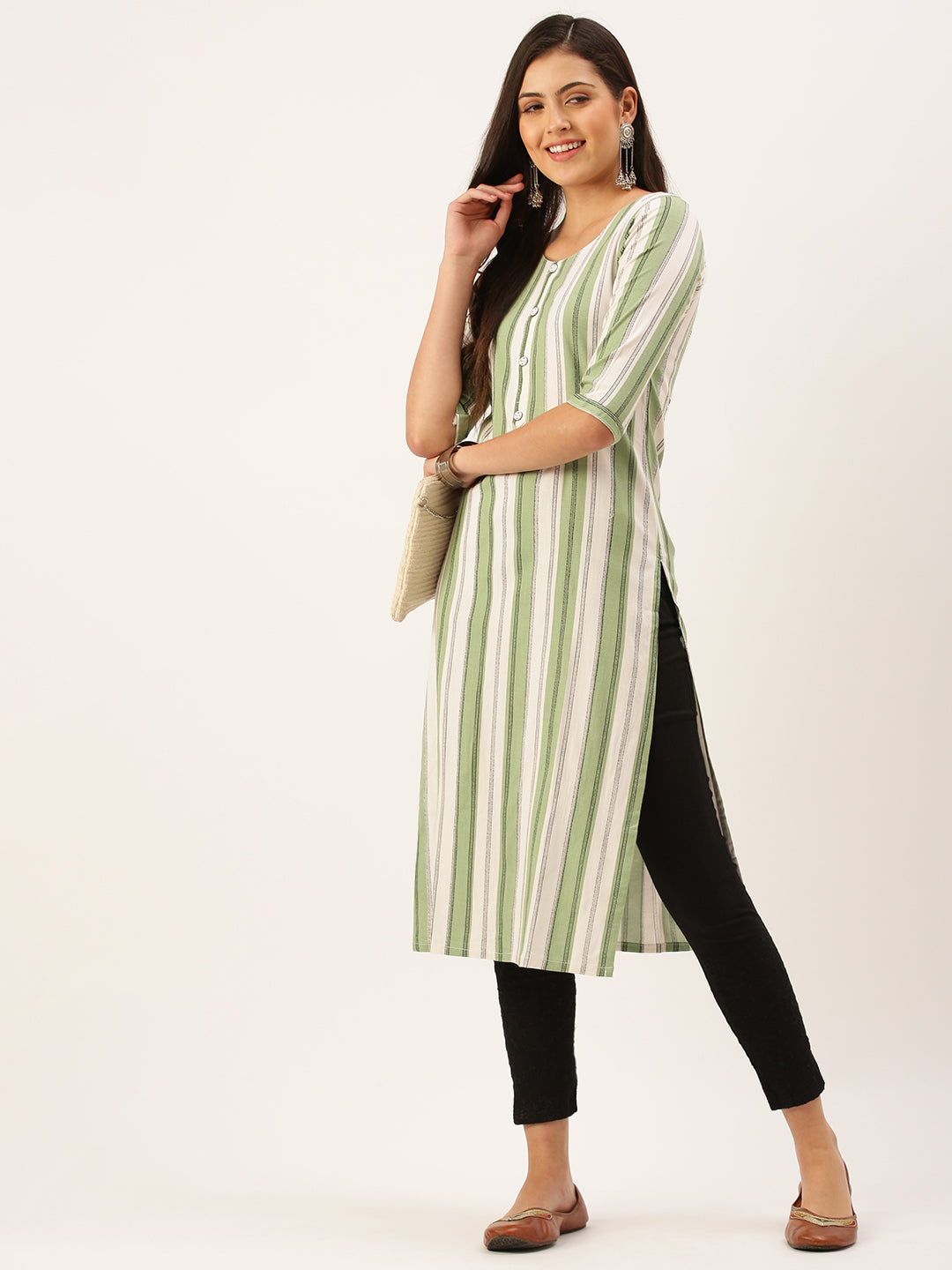 Women's Green Striped Straight Kurta