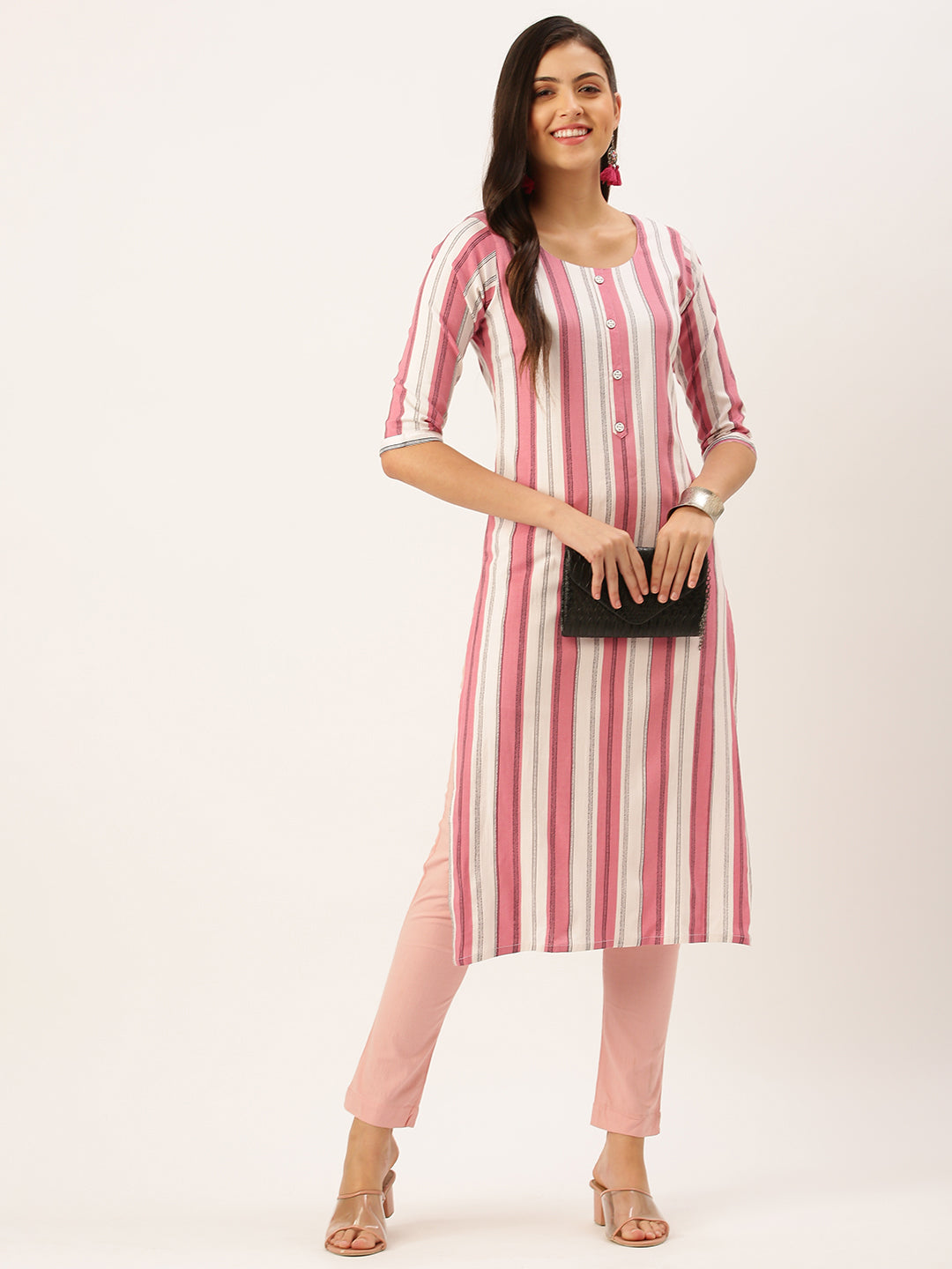 Women's Pink Striped Straight Kurta