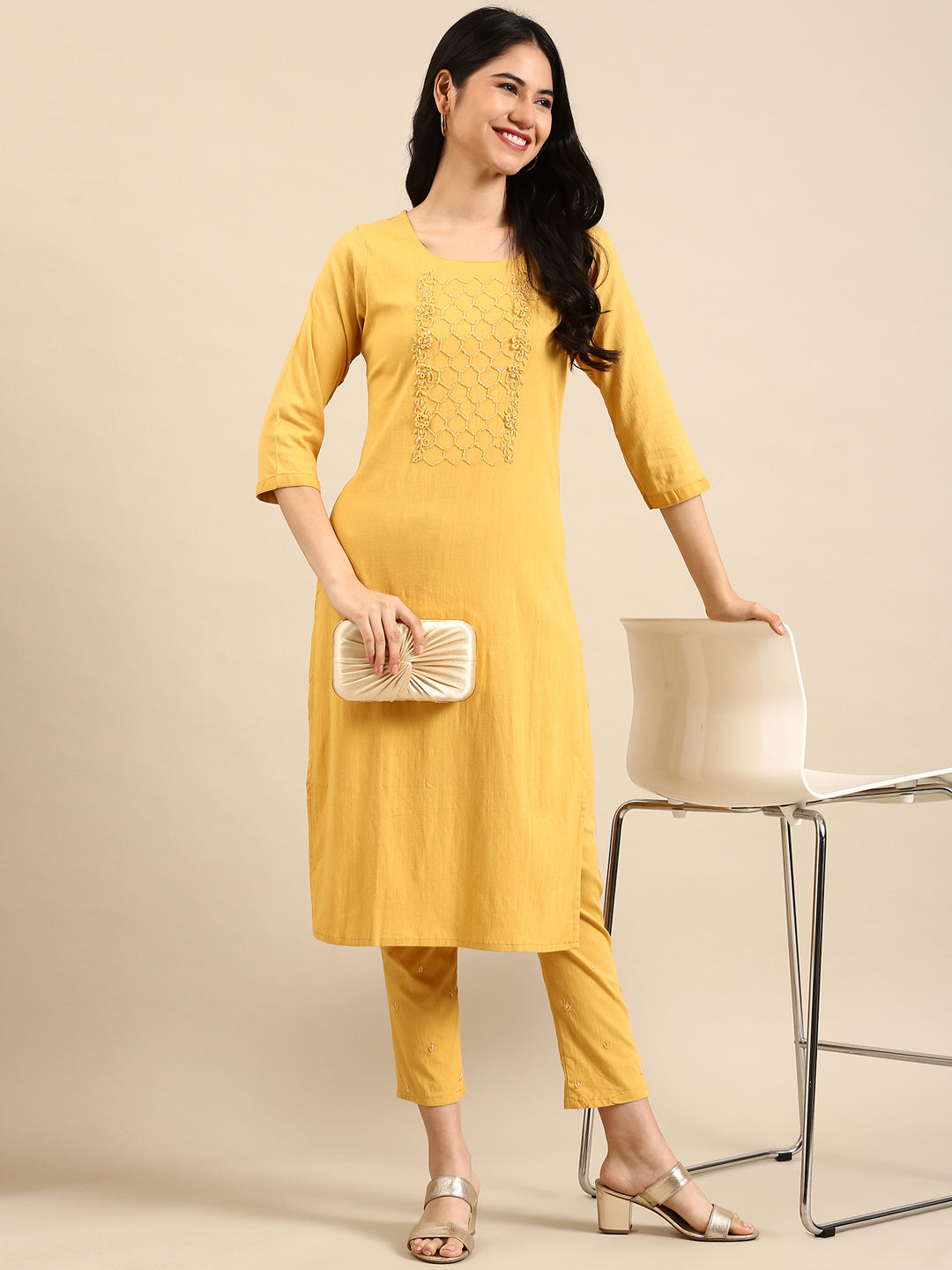 Women's Yellow Solid Kurta Set