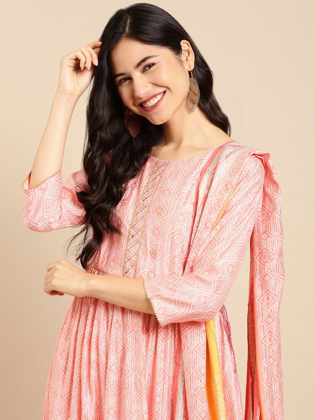 Women's Peach Printed  Kurta Set