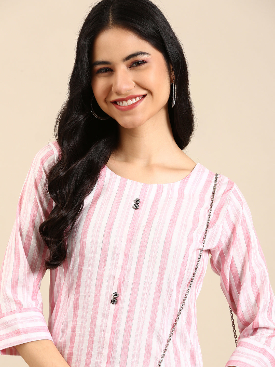 Women's Pink Striped Straight Kurta