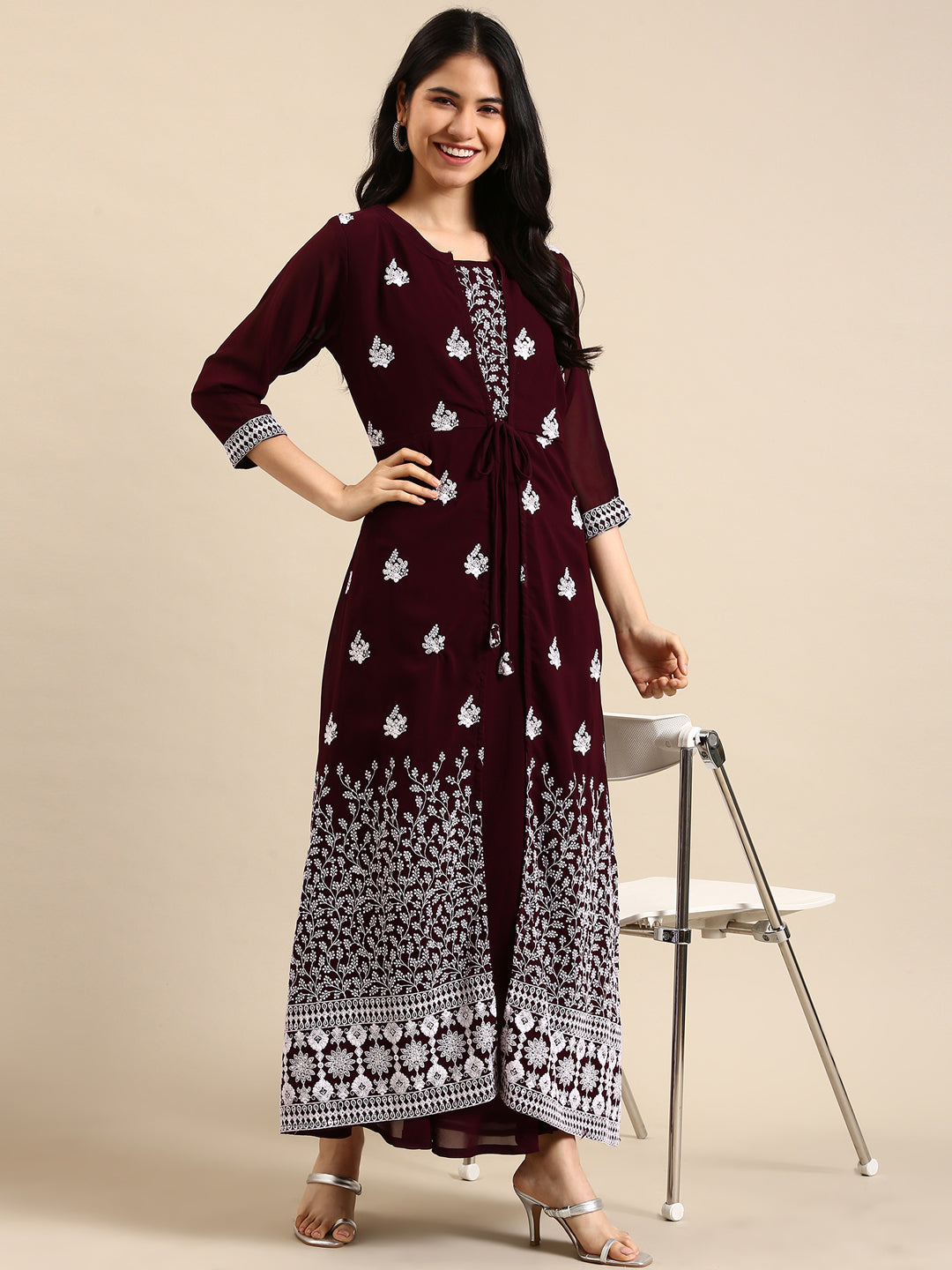 Women's Red Embroidered A-Line Kurta