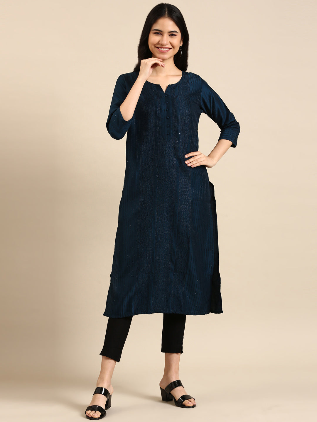 Women's Blue Printed Straight Kurta