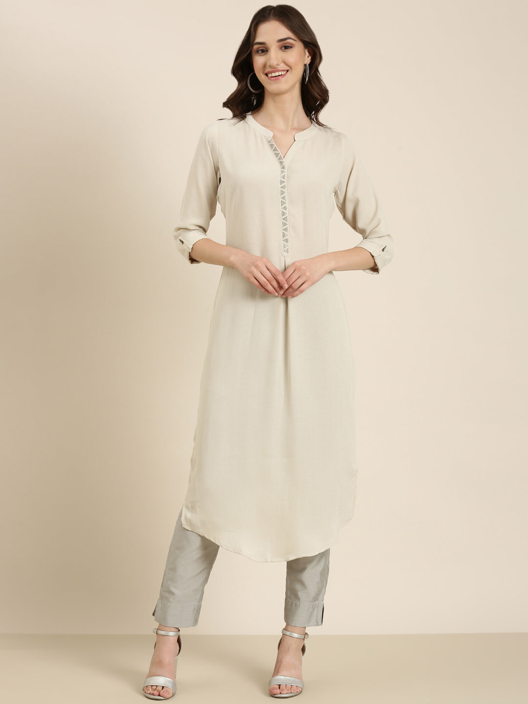 Women Beige Solid Straight Kurta